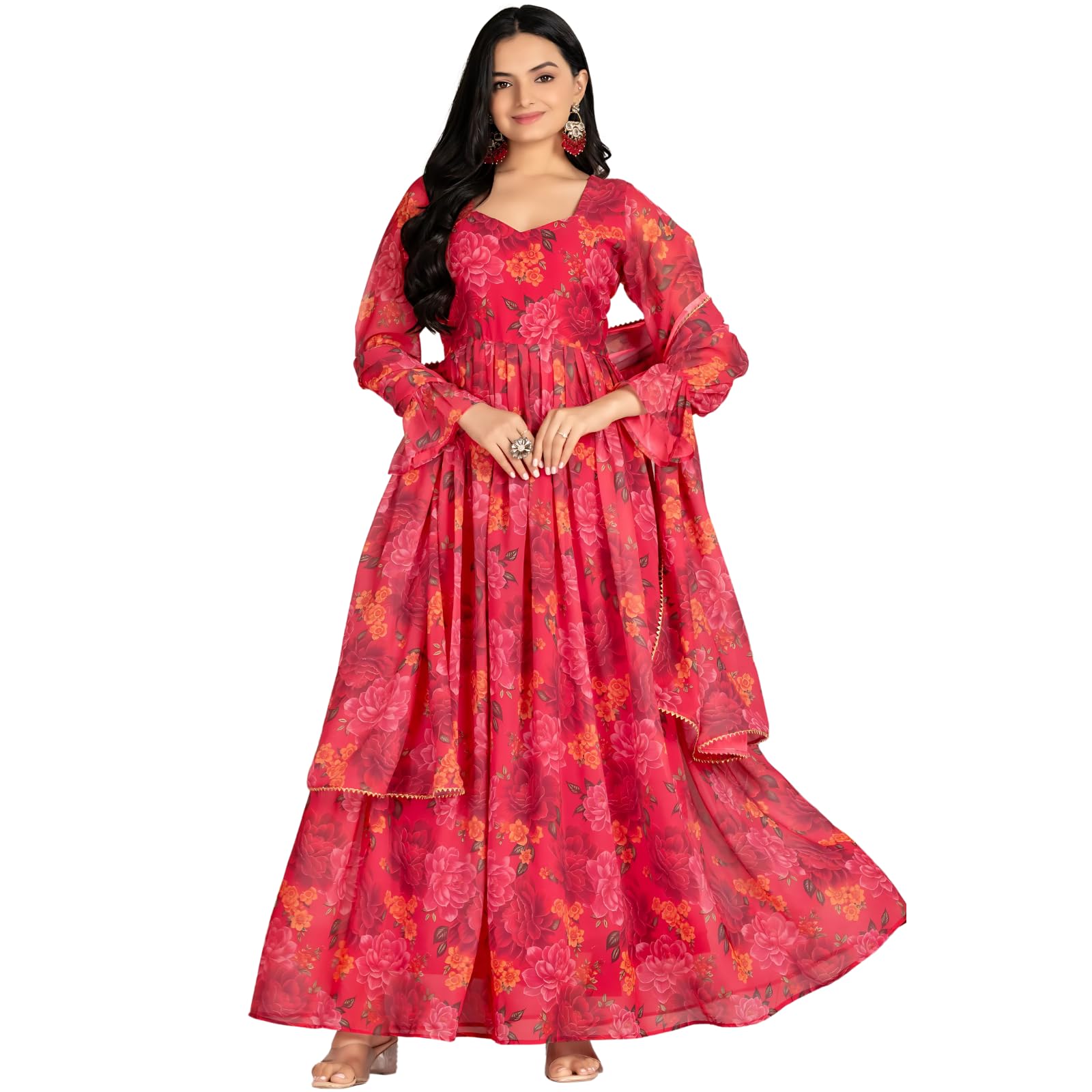 anveri textiles Anveri Women’s Red Georgette Ankle Length Gown | Paan Neck Full Sleeve Ethnic Floral Print Dress | Elegant Long Kurti for Festivals, Weddings & Daily-picture-13