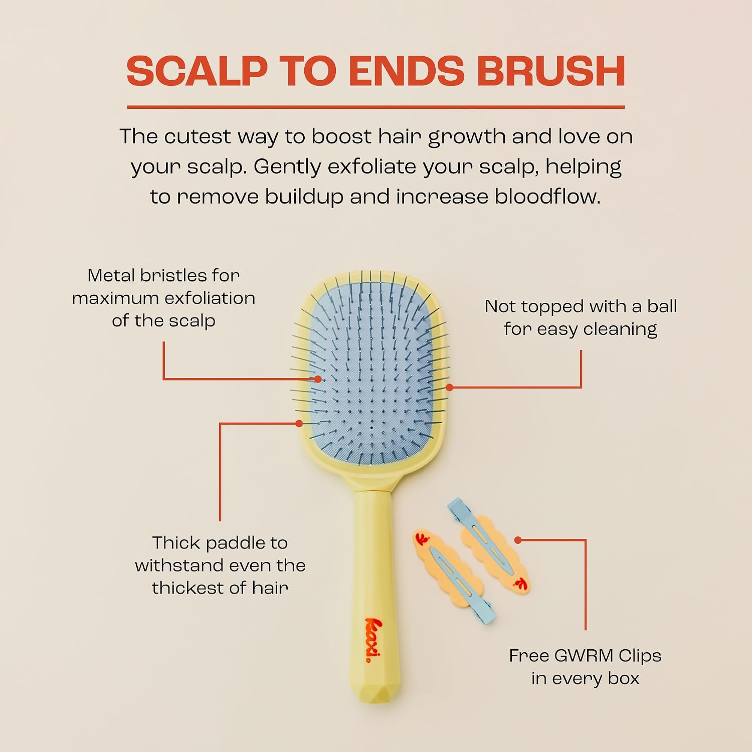 Kaxi Metal Bristle Scalp to Ends Hair Brush, Includes FREE set of GRWM Clips