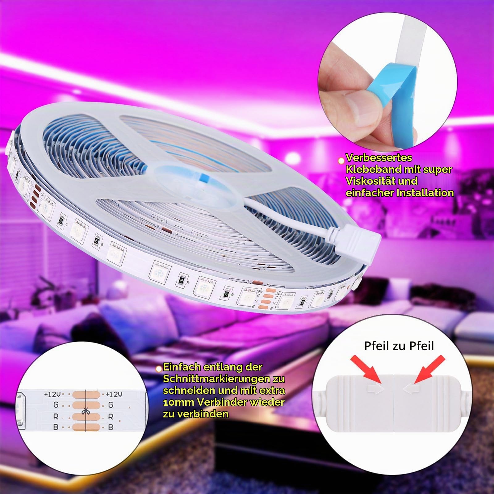 Bluetooth LED Strip 2 * 10M, 60 LED/M 5050 RGB LED Streifen APP Steuerbar Musik Band, Bar, Lichtband Leiste mit Fernbedienung 24V Netzteil für Haus, Raum, Party,Dekoration