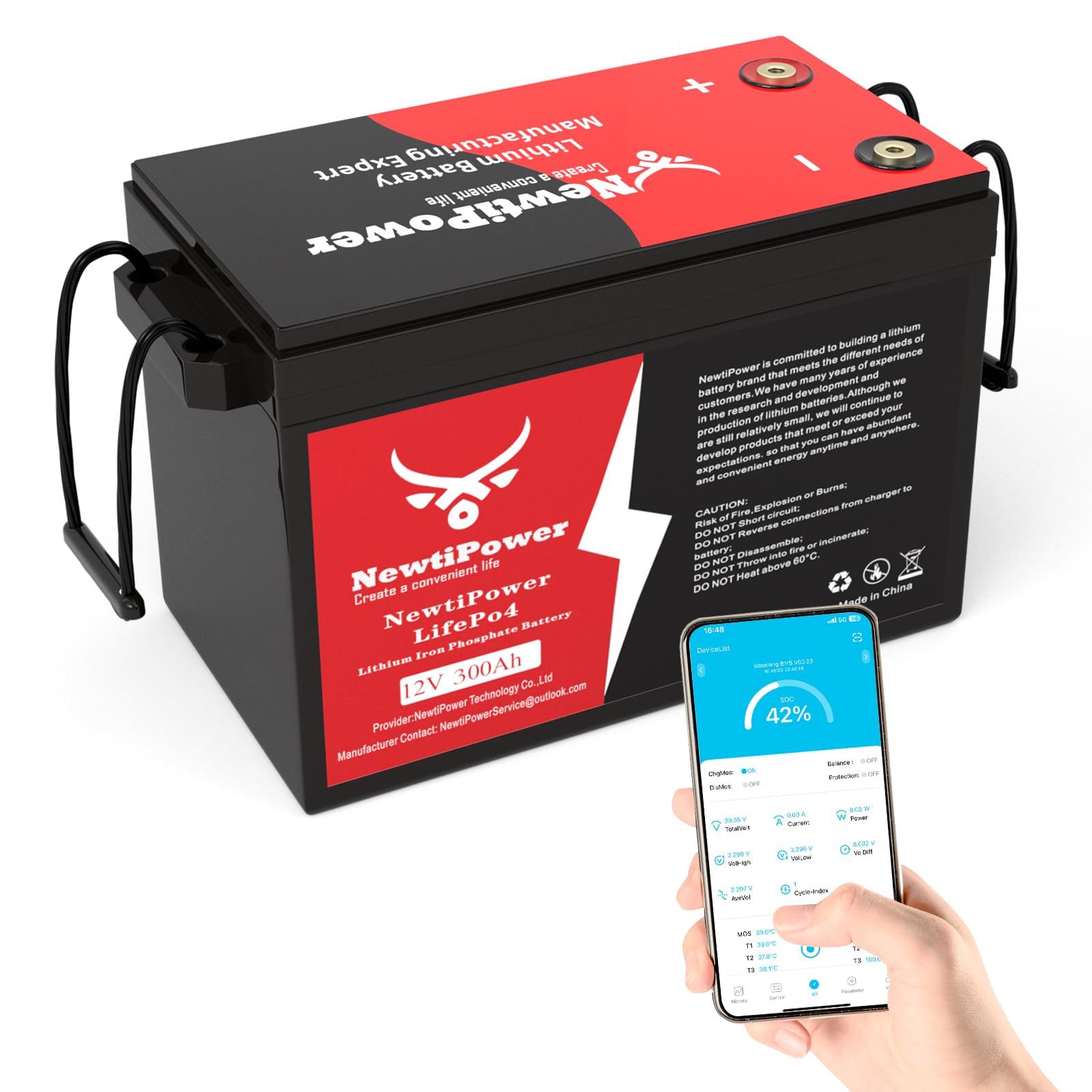 12V 300Ah Small LiFePO4 Lithium Battery with APP, 200A BMS,10000+ Deep Cycle Lithium Iron Phosphate Battery Great for Winter Power Shortage, RV, Marine and Off Grid Applications