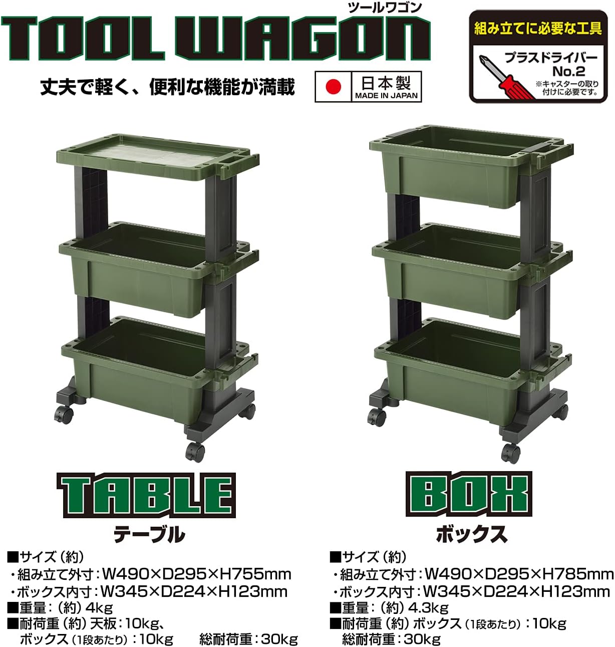 JEJ Agage TWB-490G Tool Wagon, Box Type, Made in Japan, Assembly Type, 3 Tiers, With Casters, Black Green, Width 19.7 x Depth 11.6 x Height 30.9 inches (49 x 29.5 x 78.5 cm)