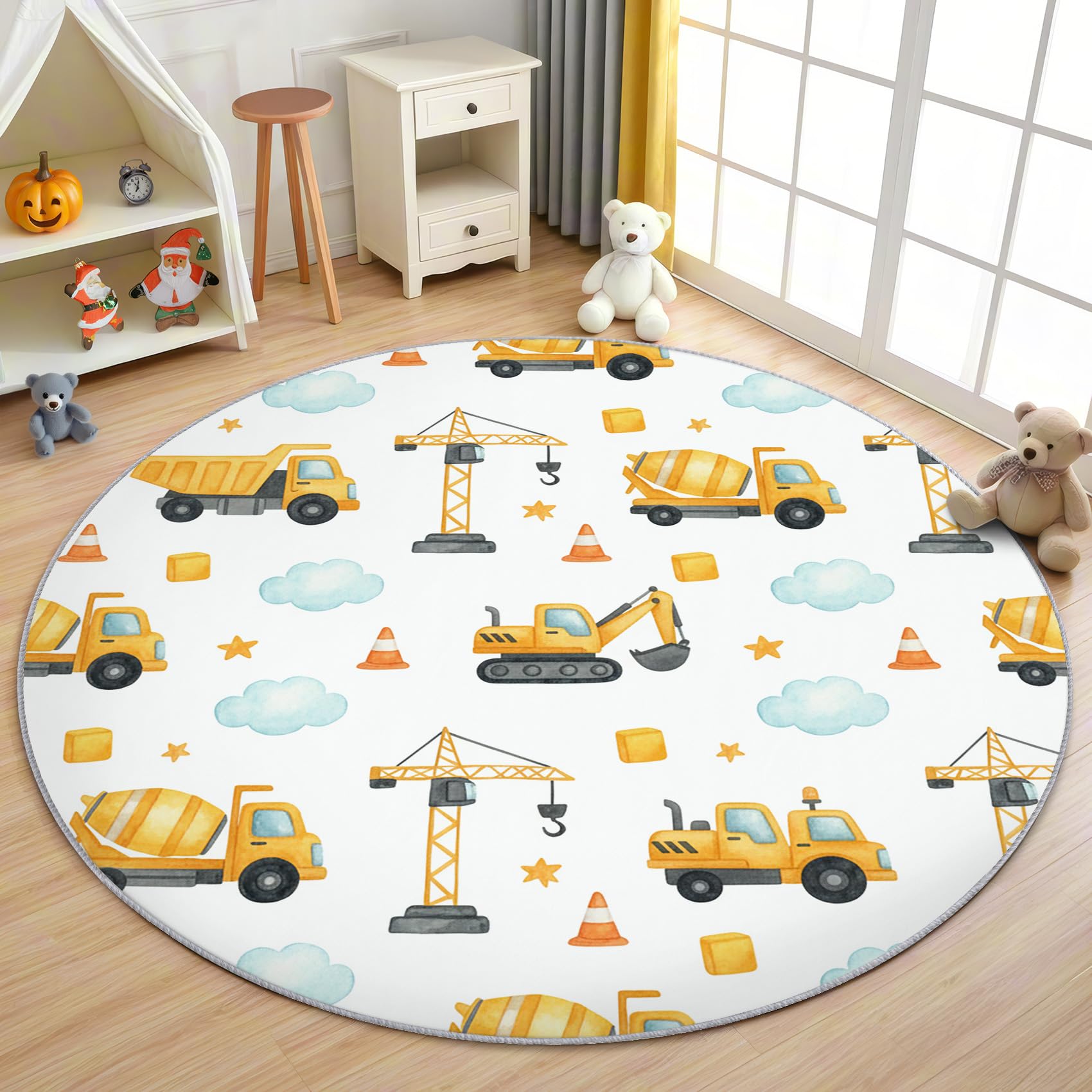Baustelle Kinder Teppich Rund 120cm Kurzflor - Waschbare Teppiche Wohnzimmer Jungen Bagger LKW Fahrzeuge - Runder Teppich 120 Durchmesser Kinderzimmer - Bettvorleger Schlafzimmer rutschfest