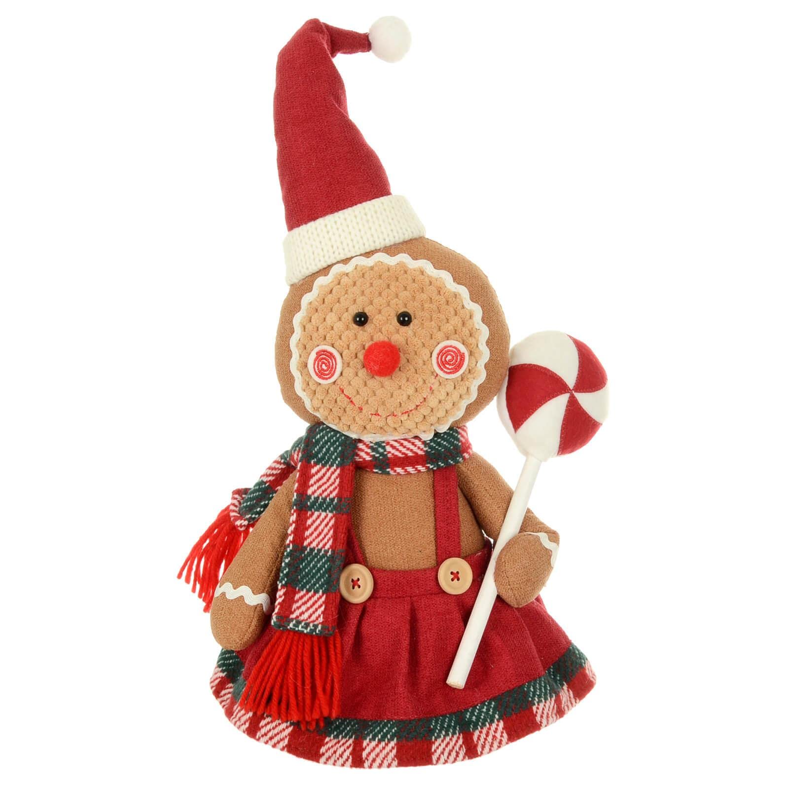 Mr Crimbo Gingerbread Figure Christmas Decoration Red Tartan Fabric 34cm - Lollipop