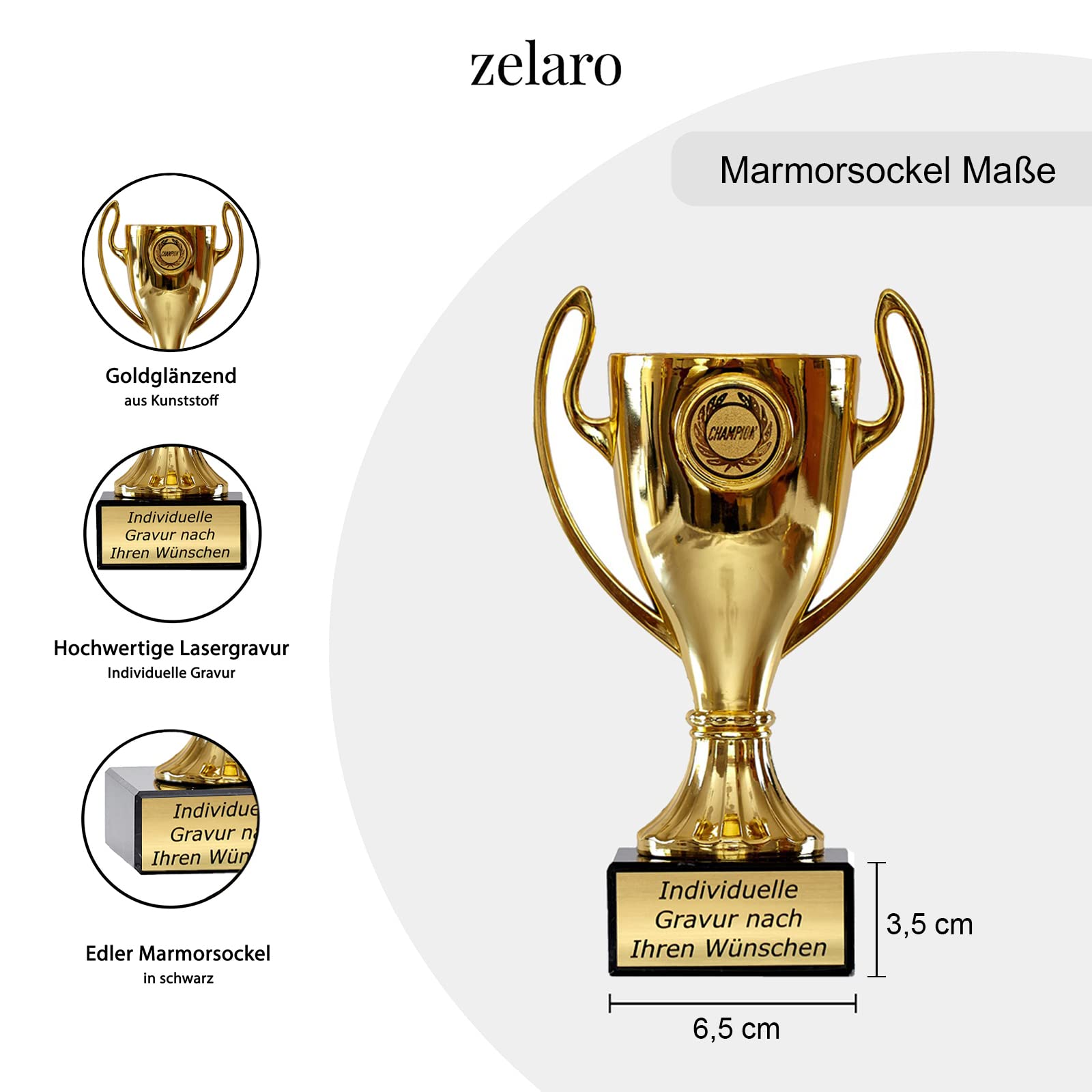 Henkelpokal in Gold | Pokal mit Gravur Wunschtext – Trophäe in 5 Größen | Pokal Fußball | Fussball Pokal Kinder - XX cm inkl. Marmorsockel