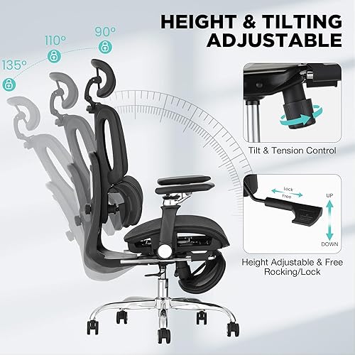 Miniatura 8 de Silla de oficina ergonómica con soporte lumbar dinámico de 3 zonas, silla de oficina grande y alta con reposapiés, profundidad de asiento ajustable,