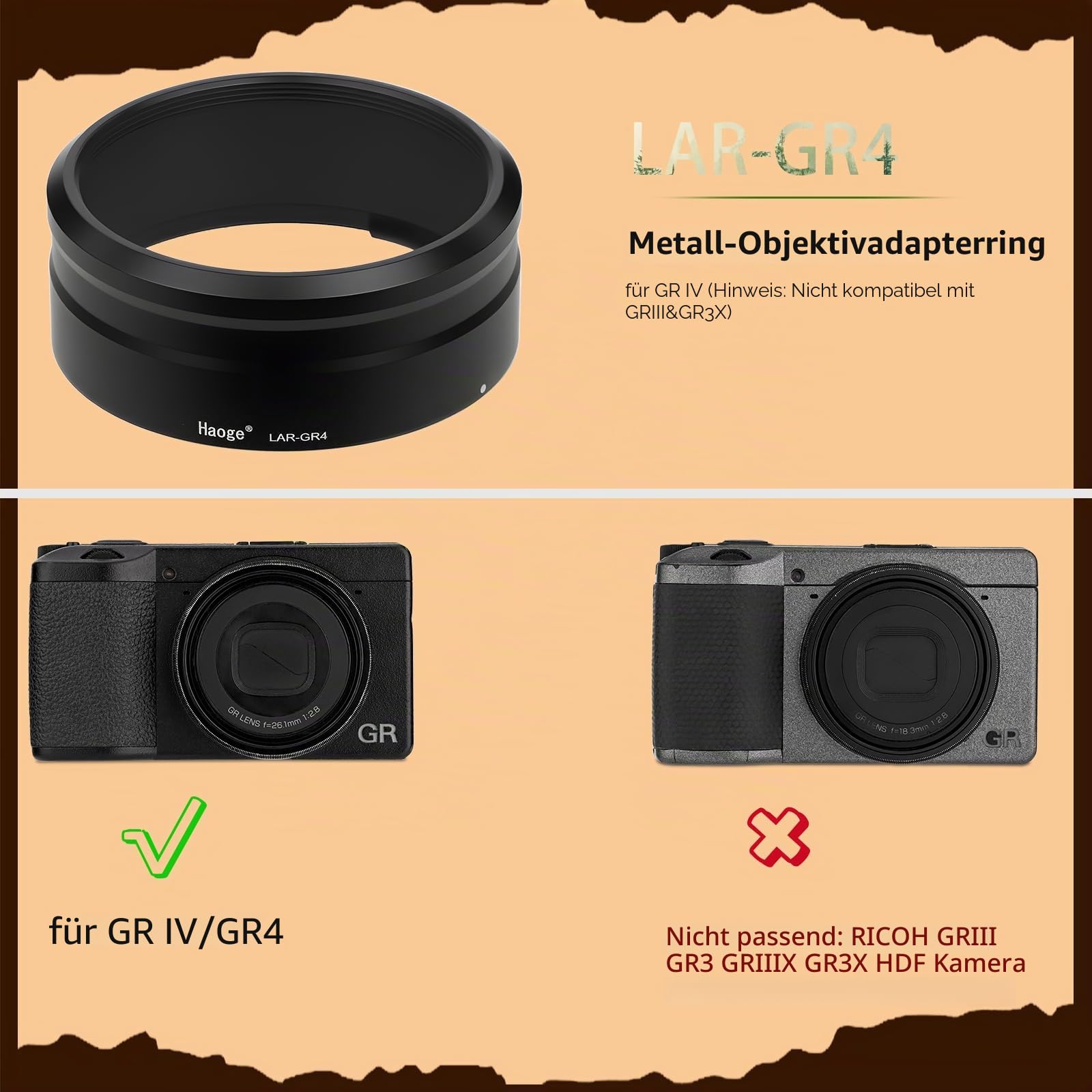 Haoge 49 mm UV-Filter-Adapterring für RICOH GR IV gr4 Digitalkameraobjektiv für GT-2 GW4 Weitwinkelobjektiv ersetzt GA-3, LAR-GR4