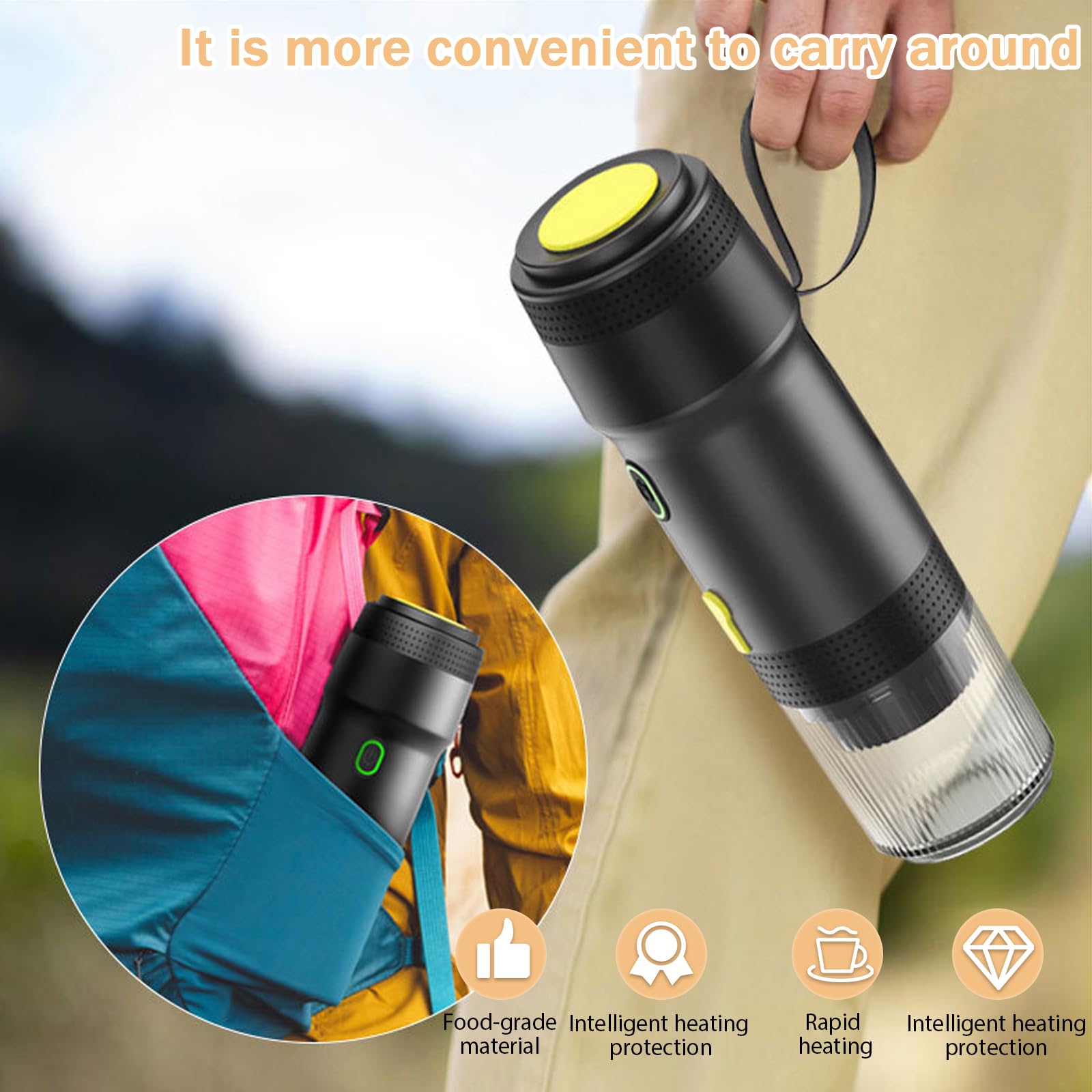 Espresso portatile, 3-in-1 Mini caffettiera con batteria, Caffettiera da campeggio per macinato caffè NS-capsule, Caffettiera da viaggio per campeggio auto da viaggio, Riscaldamento automatico rapido