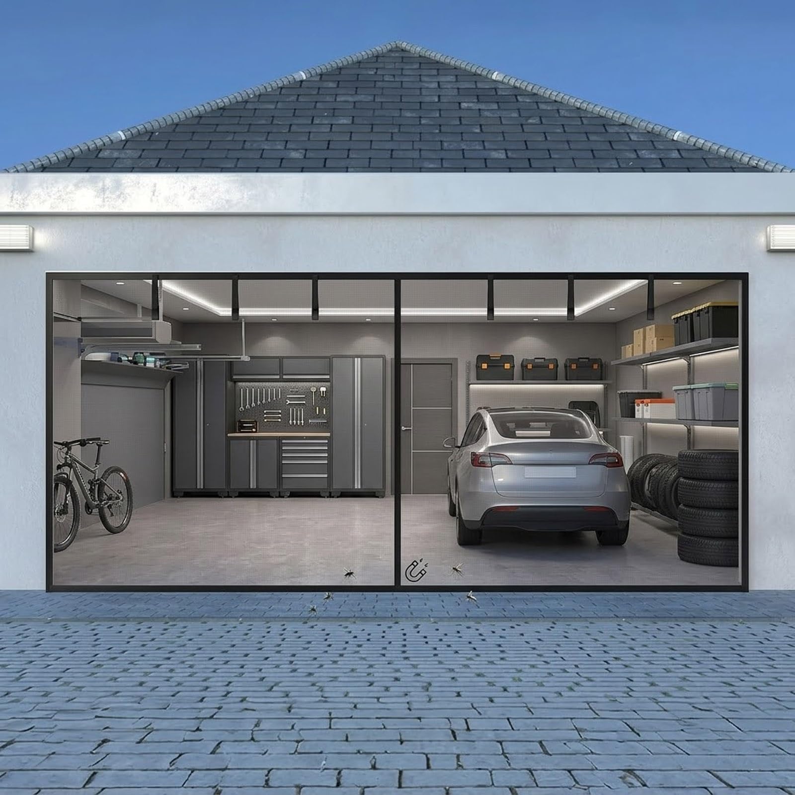 Voirda Black Garage Door Screen 240X180cm-470X230cm For 2 Car, Magnetic Anti Mosquito Net Fly Screen, Heavy Duty Weighted Bottom Hands Free Mesh For Cellar Patio Conservatory(,470X230cm(Wxh))
