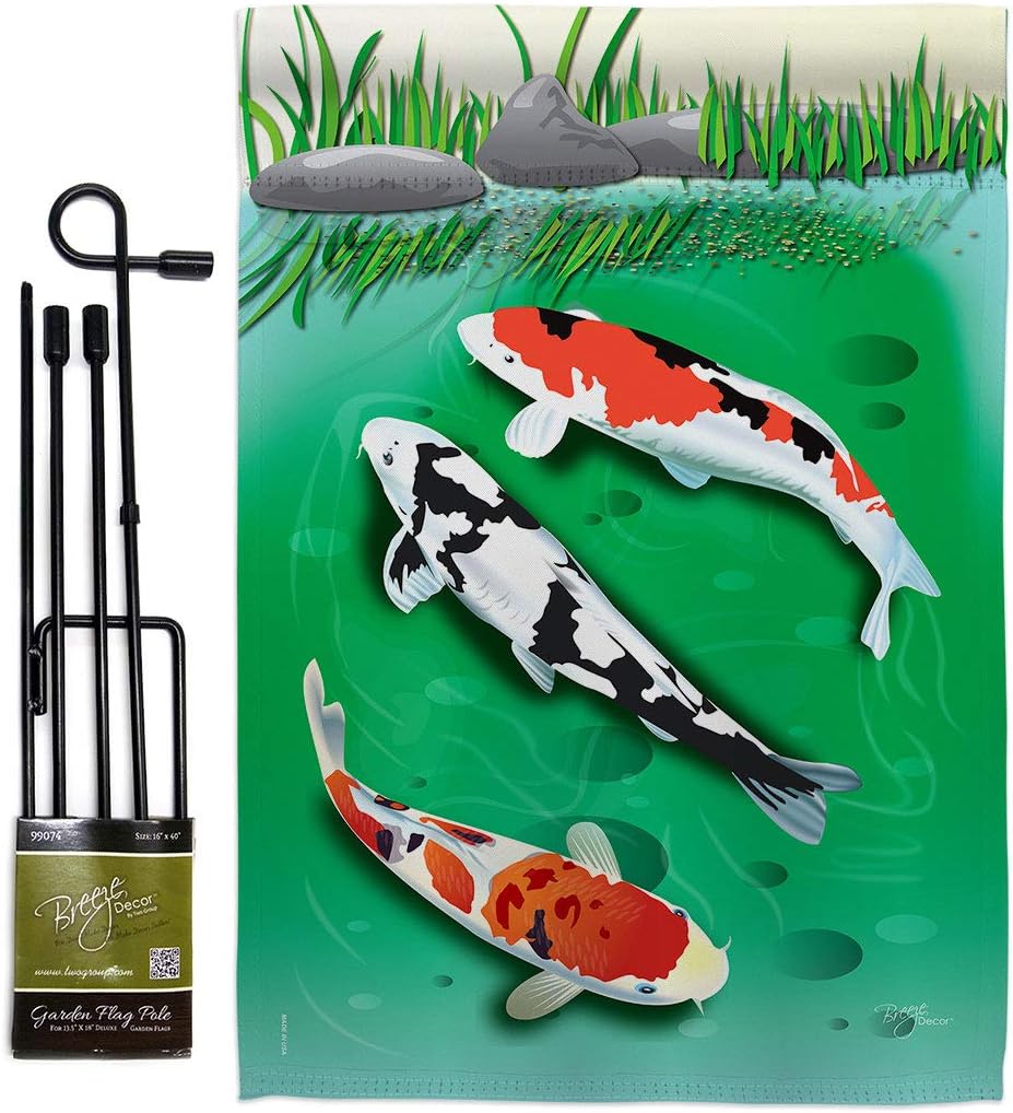 Koi Garden Flag Set with Stand Animals Sea Creature Nautical Ocean Fish Outdoor Summer Marine Small Decorative Gift Yard House Banner Double-Sided Made In USA 13 X 18.5