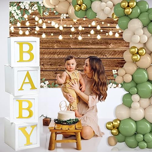 Miniatura 5 de Kits de decoración de baby shower para niños y niñas, arco de guirnalda de globos verde salvia, cajas de bebé con letras, telón de fondo floral de