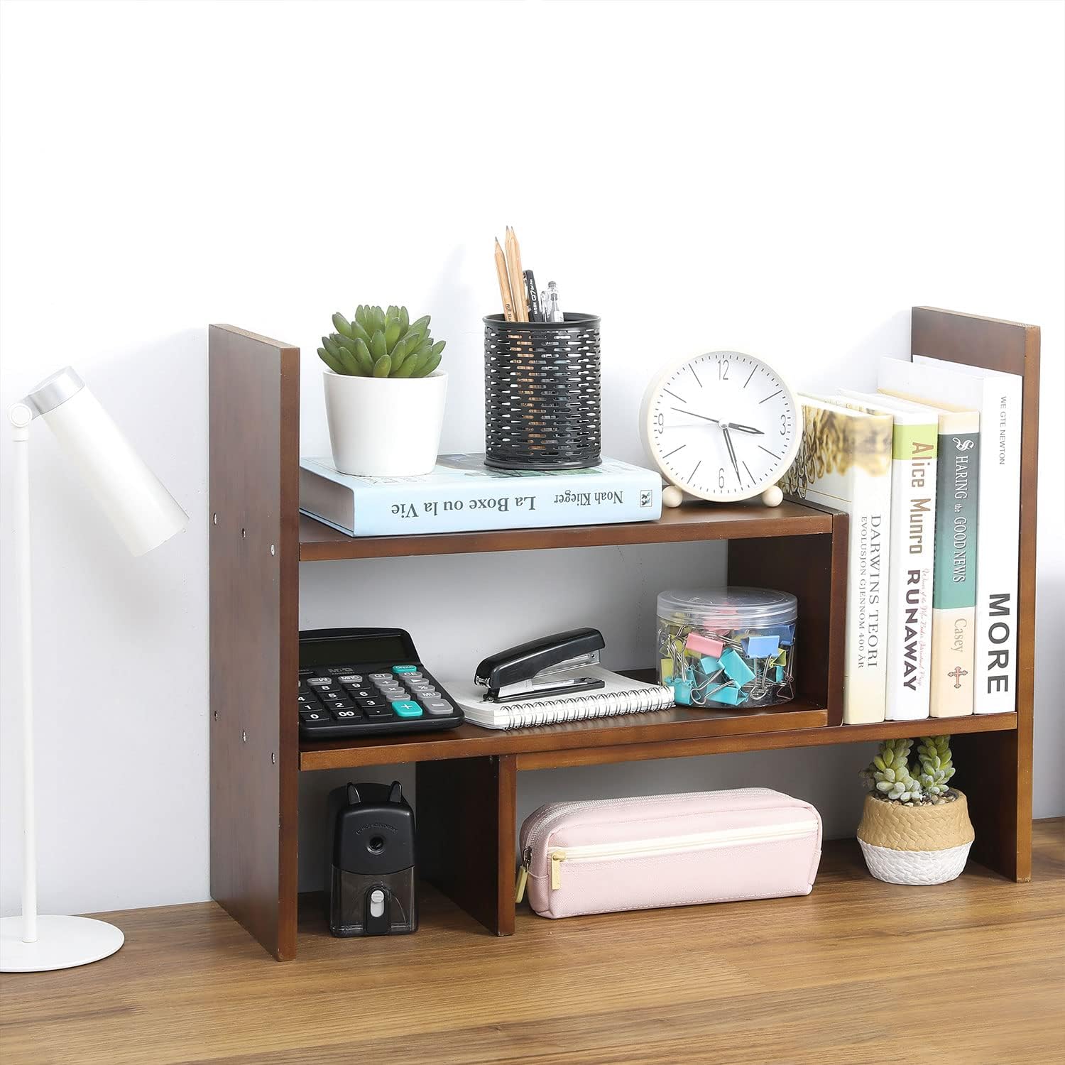MyGift Adjustable Brown Solid Wood Desktop Storage Organizer Display Shelf Book Rack, Home Office Desk Decor Bookshelf