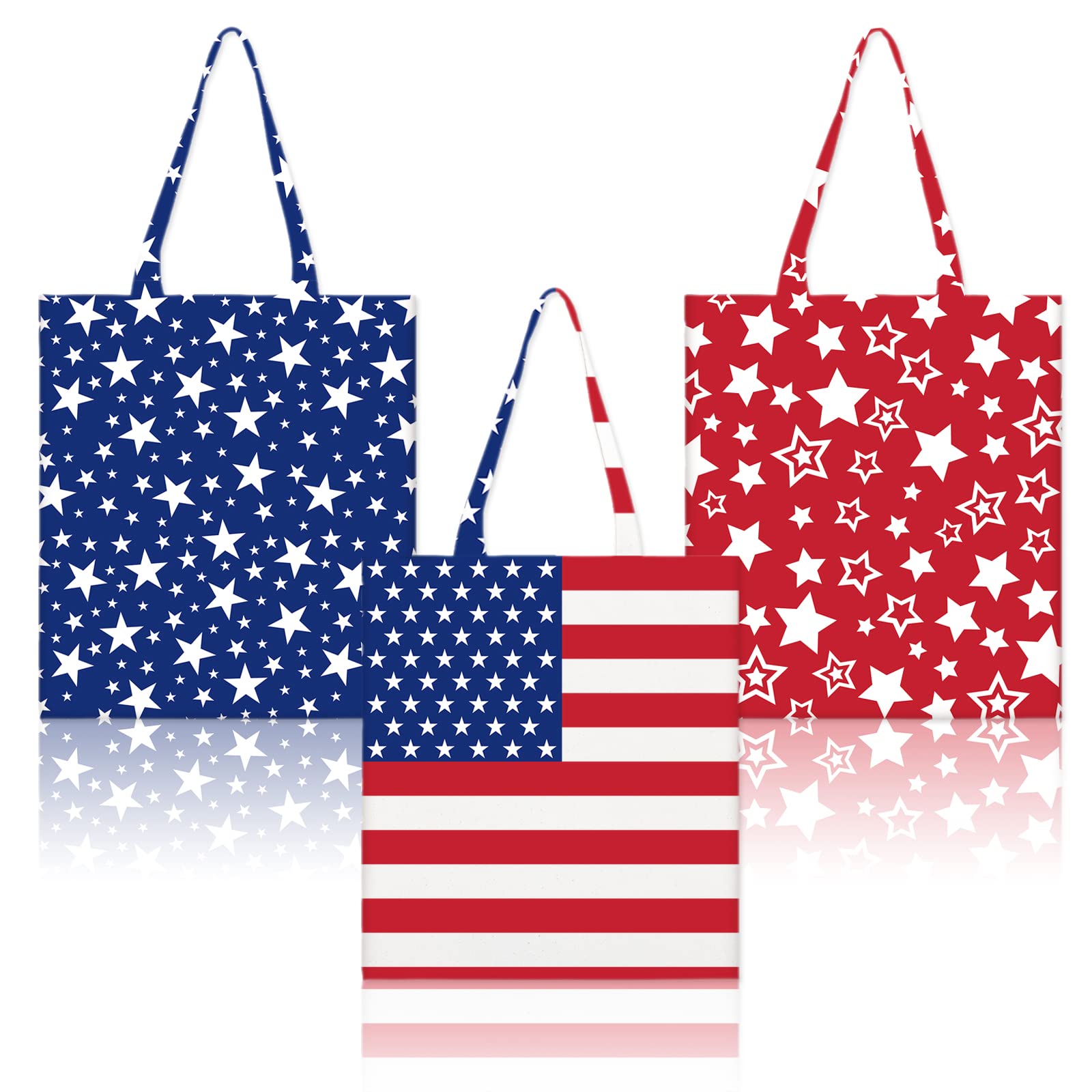 Whaline3Pcs Patriotic Canvas Tote Bags Red Blue Star American Flag Grocery Shopping Bag 4th of July Reusable Gift Goodie Bag for Independence Day Patriotic Party Favor Supplies Gifts, 13.4 x 15.8in