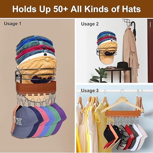 Miniatura 3 de NAVRIOS - Paquete de 2 organizadores de sombreros de metal para pared con 20 ganchos de clip, perchas para gorras de béisbol, estantes para colgar
