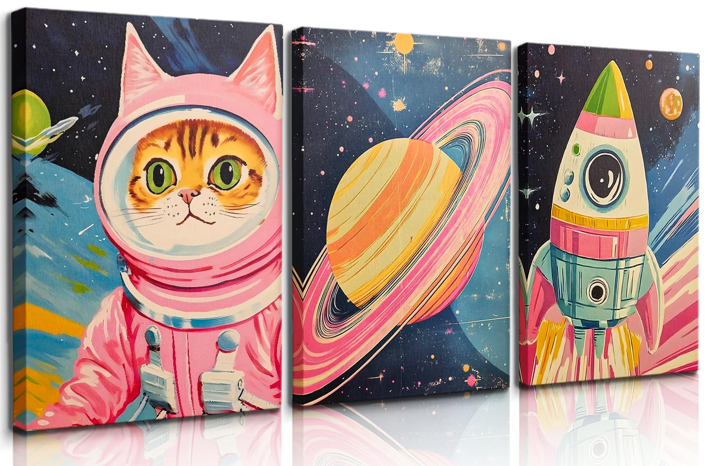 3Pcs Pink Astronaut Wall Art Space Cat Adventure Posters Prints Whimsical Out Space Painting Colorful Astronaut Cat Rocket Pictures Wall Decor for Girls Bedroom Playroom Nursery 12x16in Canvas