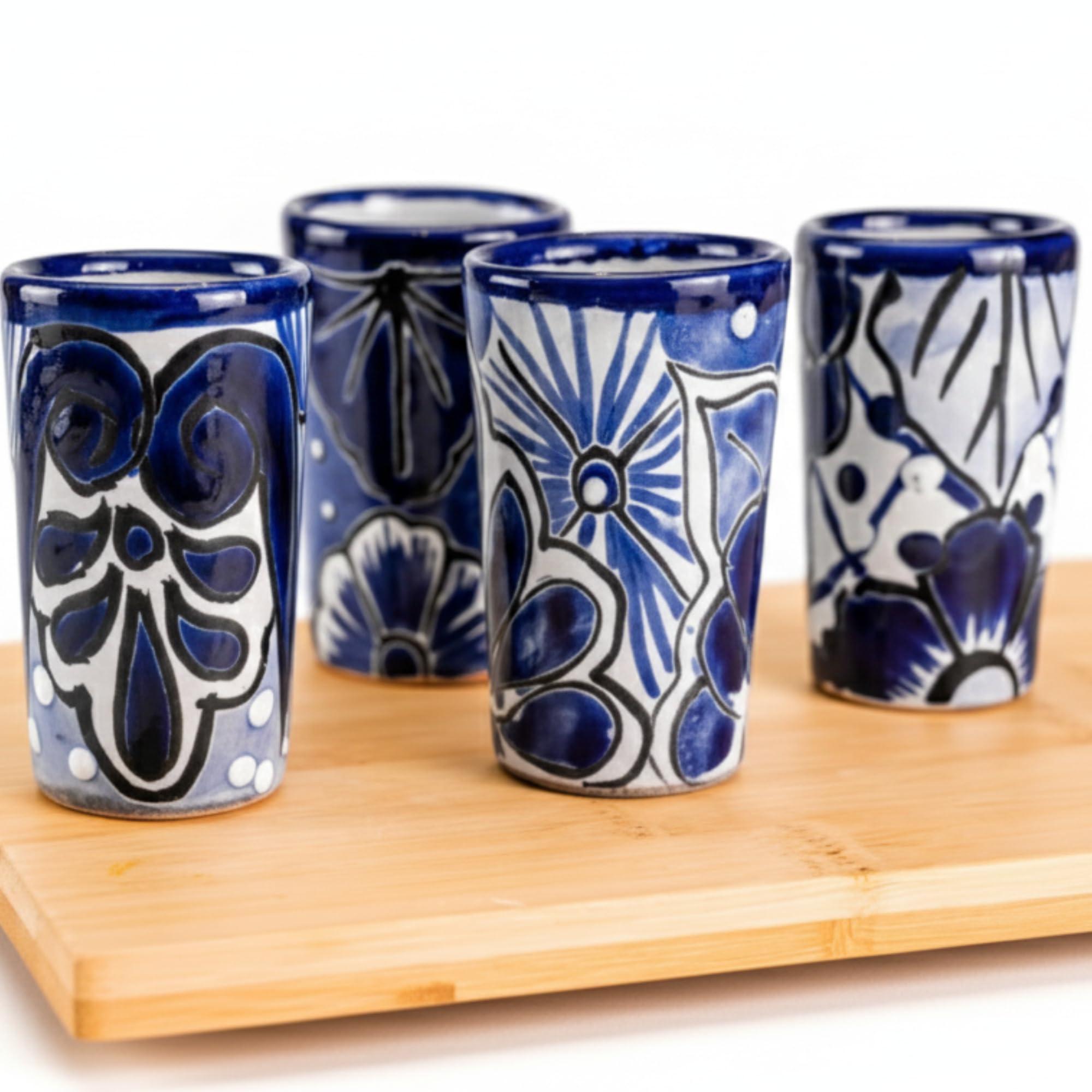 Talavera Shot Glasses Set of 4 Authentic Mexican Tequila Shot Glasses - Hand-painted - 2 Oz (Classic Talavera Blue)