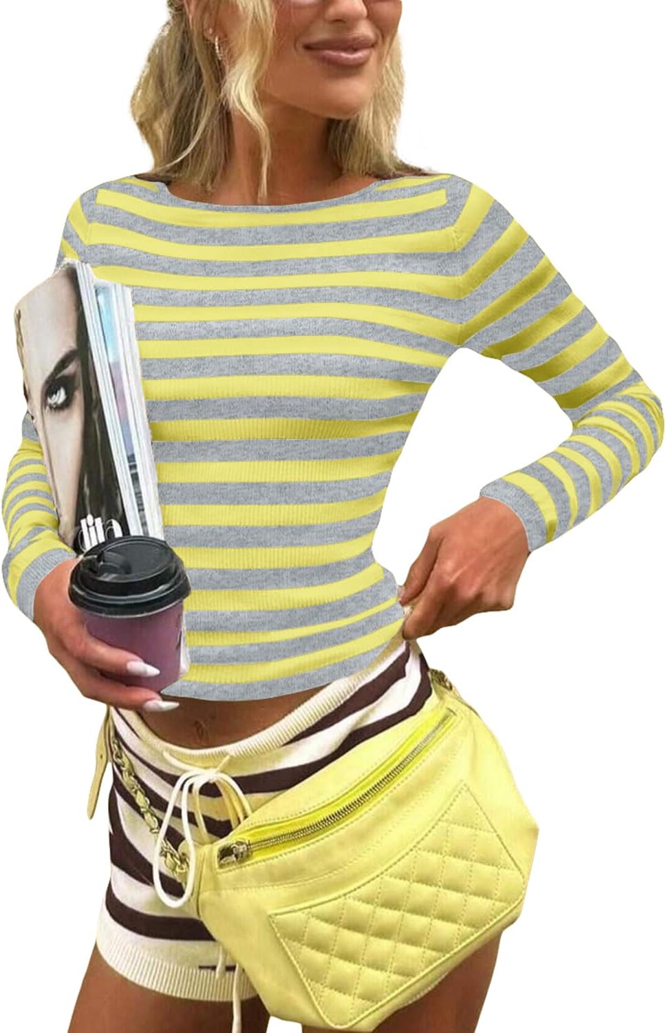 Cioatin Women Long Sleeve Boat Neck Striped Crop Sweater Tops Y2K Vintage Slim Fit Shirt Ribbed Knit Pullover Fall Outfits - Image 2