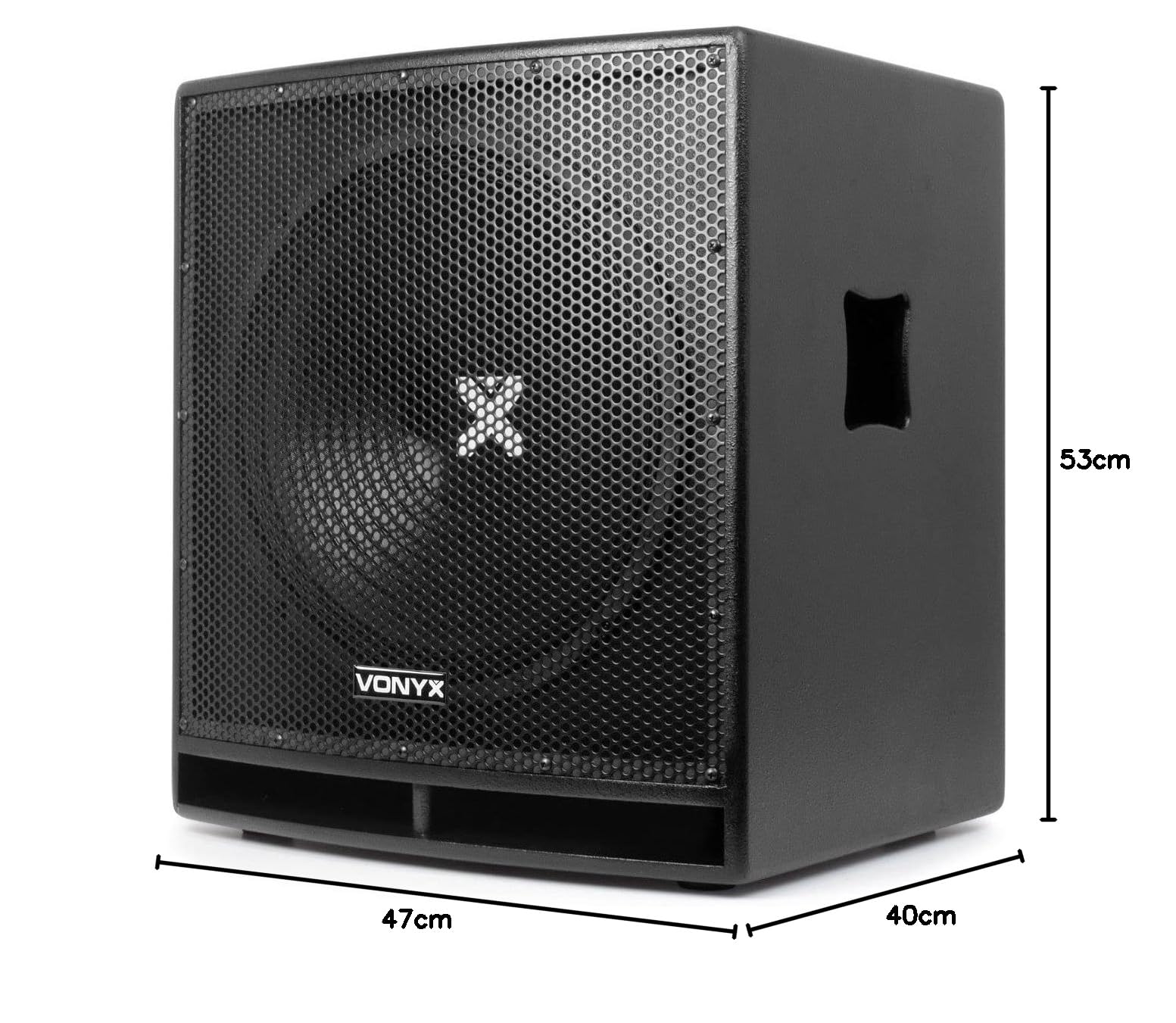 VONYX SWP15 Caisson de Basse Actif 800W, Phase Réglable, Entrée/Sortie XLR + RCA, Amplificateur Intégré, Insert sur la Face Supérieure pour Enceinte Active, Grave 15", Idéal pour DJ Mobile