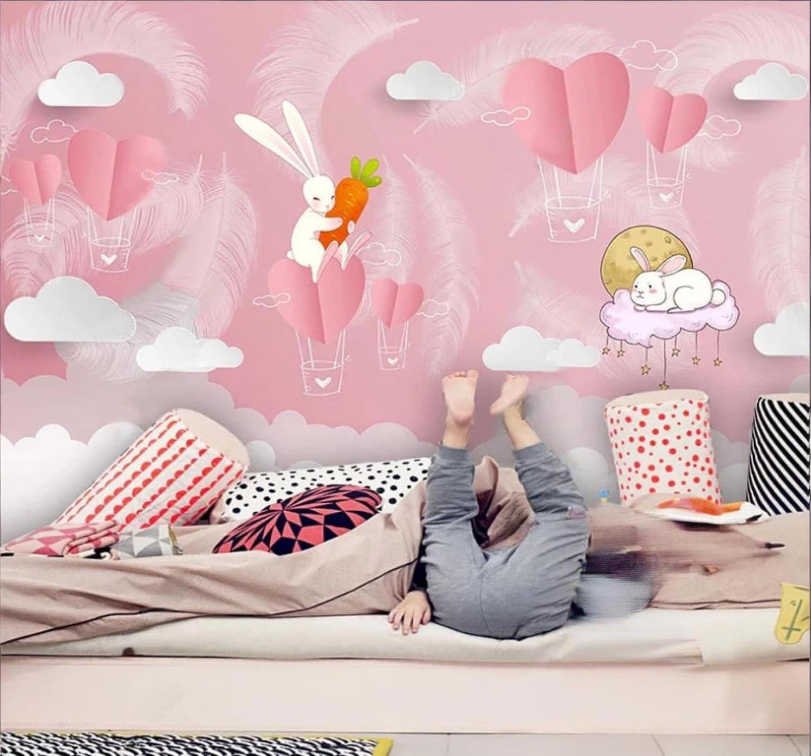 XLMING Three Dimensional Cute Rabbits Clouds Feathers 3D Wallpaper Luxury Home Dining Decor Paste Sofa Living Room The Wall for Bedroom Mural-150cm×105cm