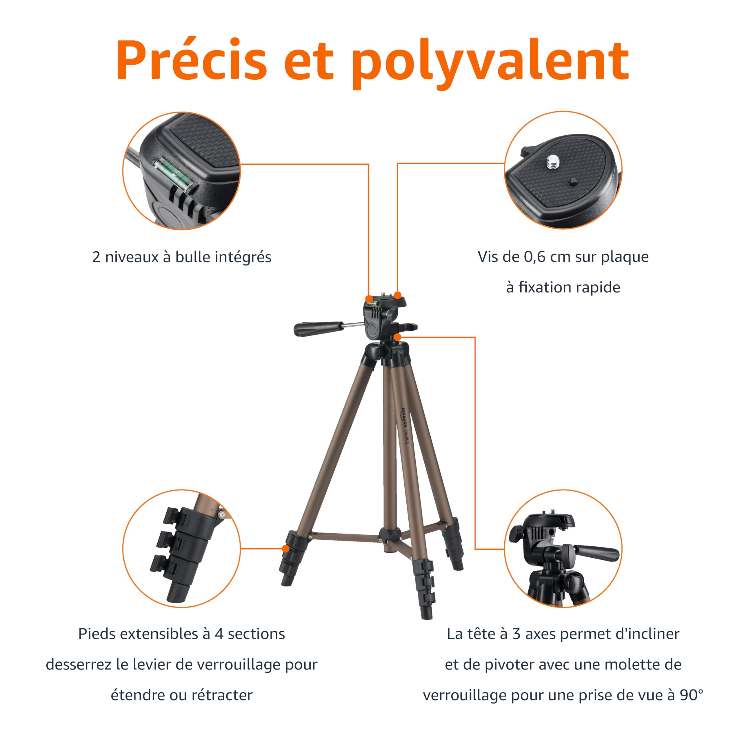 Amazon Basics Trépied 127,0cm pour Appareil Photo Reflex Numérique, Léger, avec Sac, Hauteur Réglable, Champagne