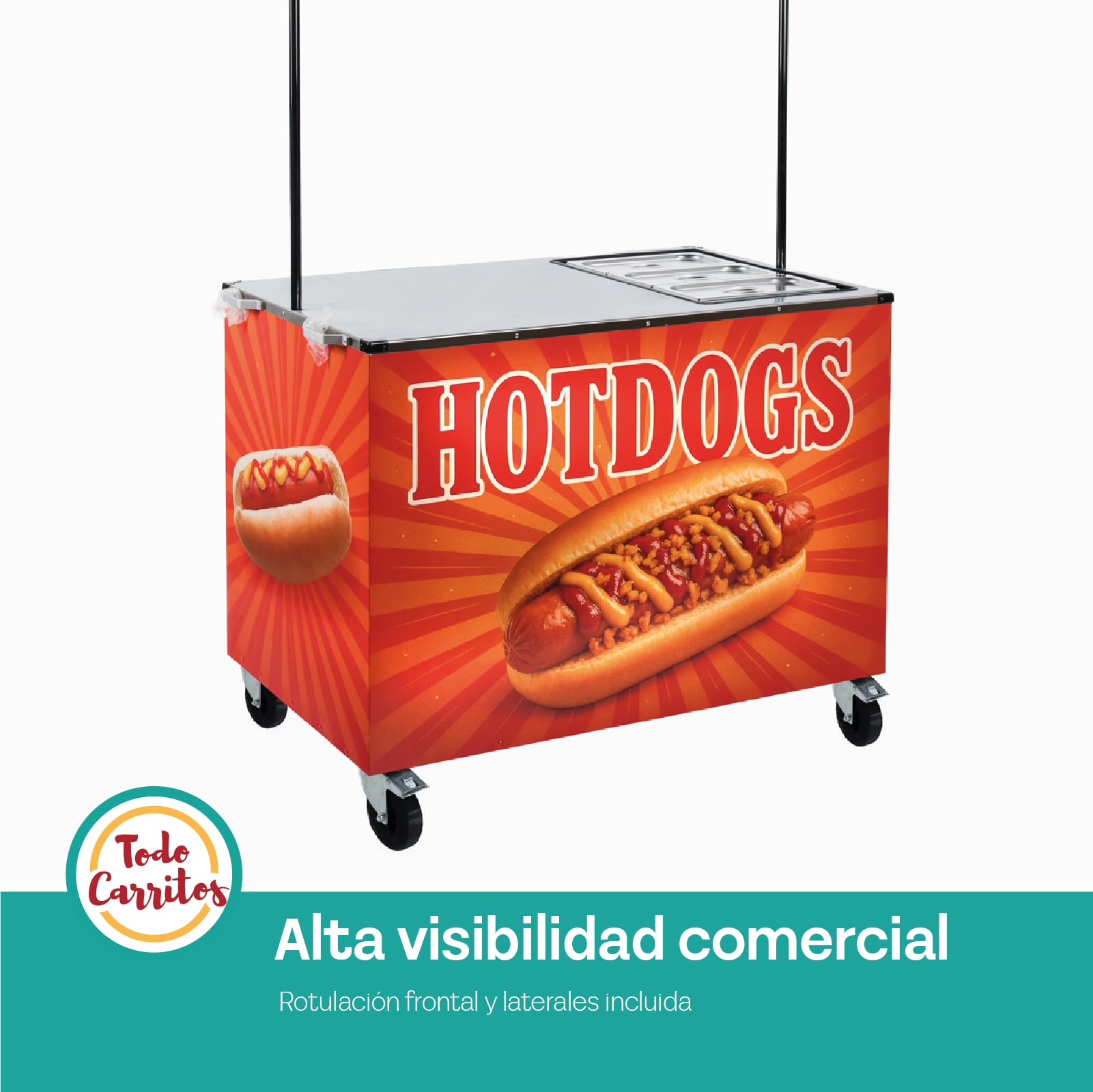 Carrito Hot Dogs Profesional | Carro Street Food con Baño María | Acero inoxidable con 3 cubetas GN, toldo y ruedas con freno. Catering, ferias, eventos y venta ambulante - Sol y Carpa