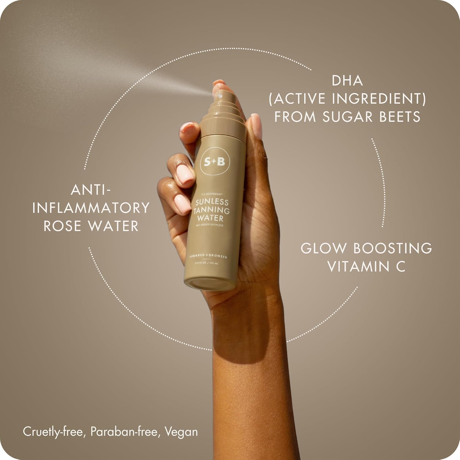 SUGARED + BRONZED Sunless Tanning Water, FlexExpress Self Tanner Spray for Face, Hydrating Botanical Formula for a Natural-Looking Tan, Suits All Skin Tones, Vegan, Cruelty Free, 4 Fl Oz - Image 6