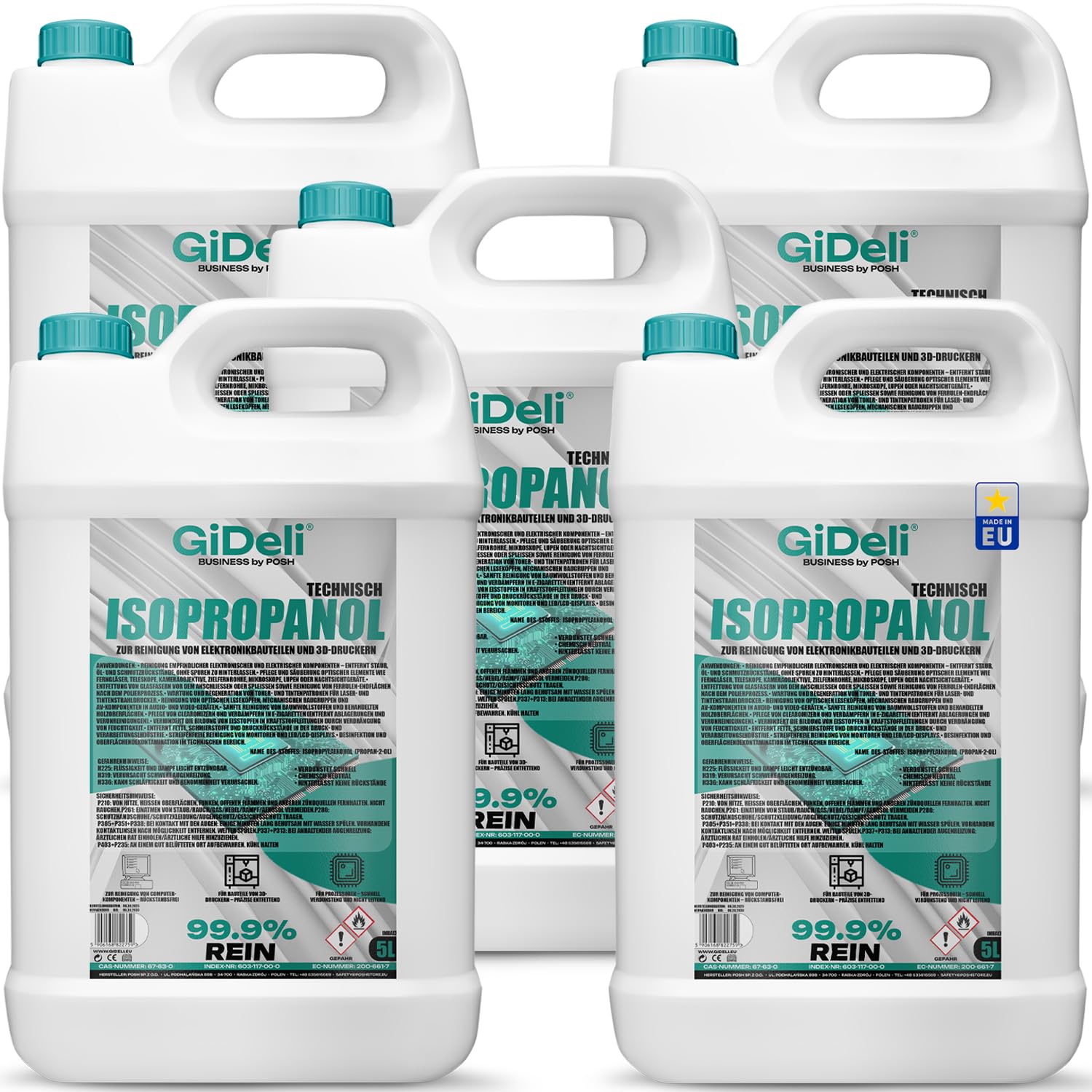GiDeli Isopropanol Técnico 5x 5l - Alcohol isopropílico 99,9% - Limpieza de componentes electrónicos y accesorios de impresora 3d