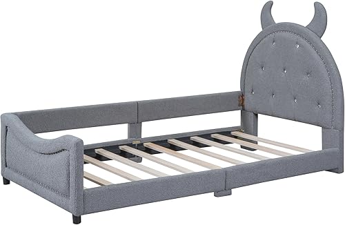 Miniatura 9 de Harper & Bright Designs Marco tapizado de sofá cama individual para niños, cama de plataforma individual con cabecera en forma de orejas de cartón,