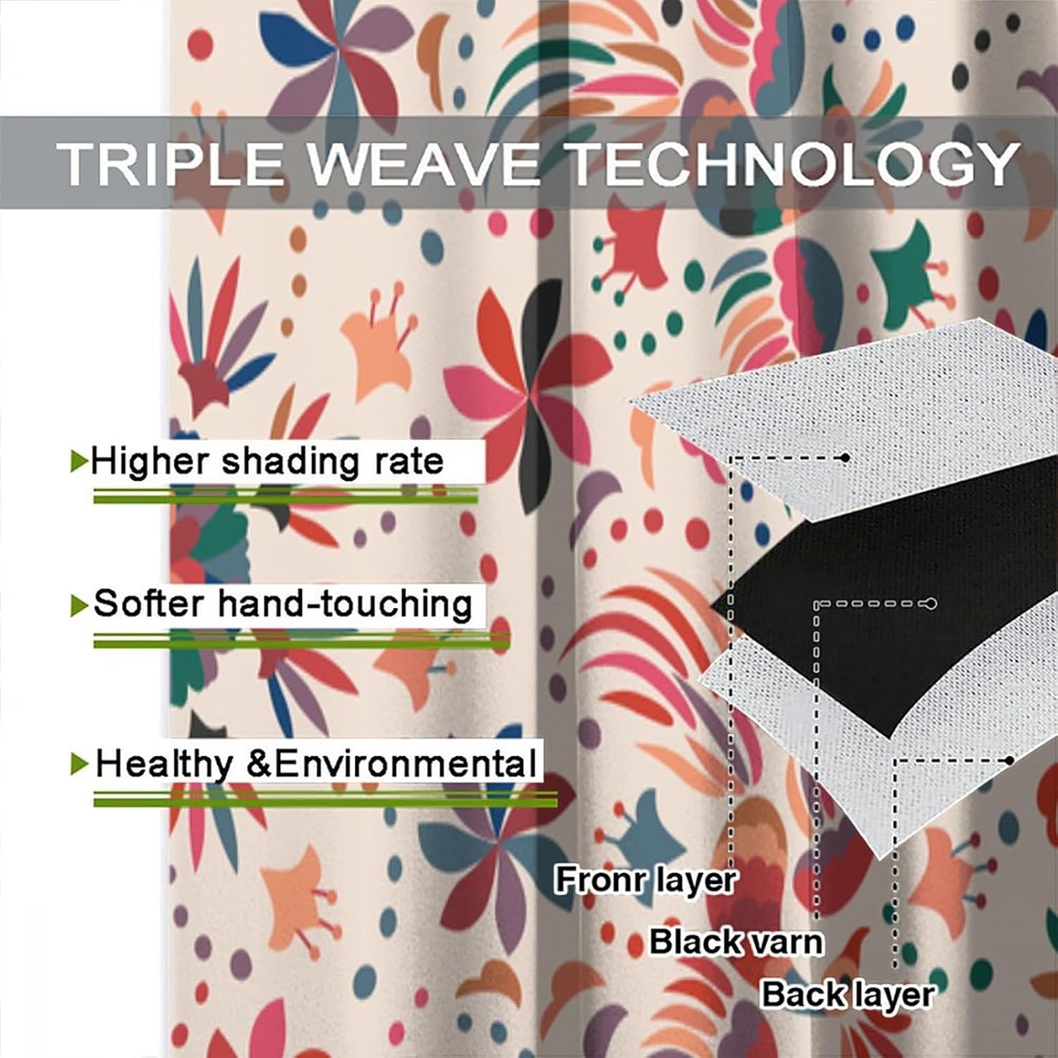 Beige Mexican Curtains, Boho Style Ethnic Flower Bird Print Blackout Window Drapes, Retro Colorful Fabric Thermal Insulation Window Treatments for Living Room Bedroom Kitchen 42x45 Inch