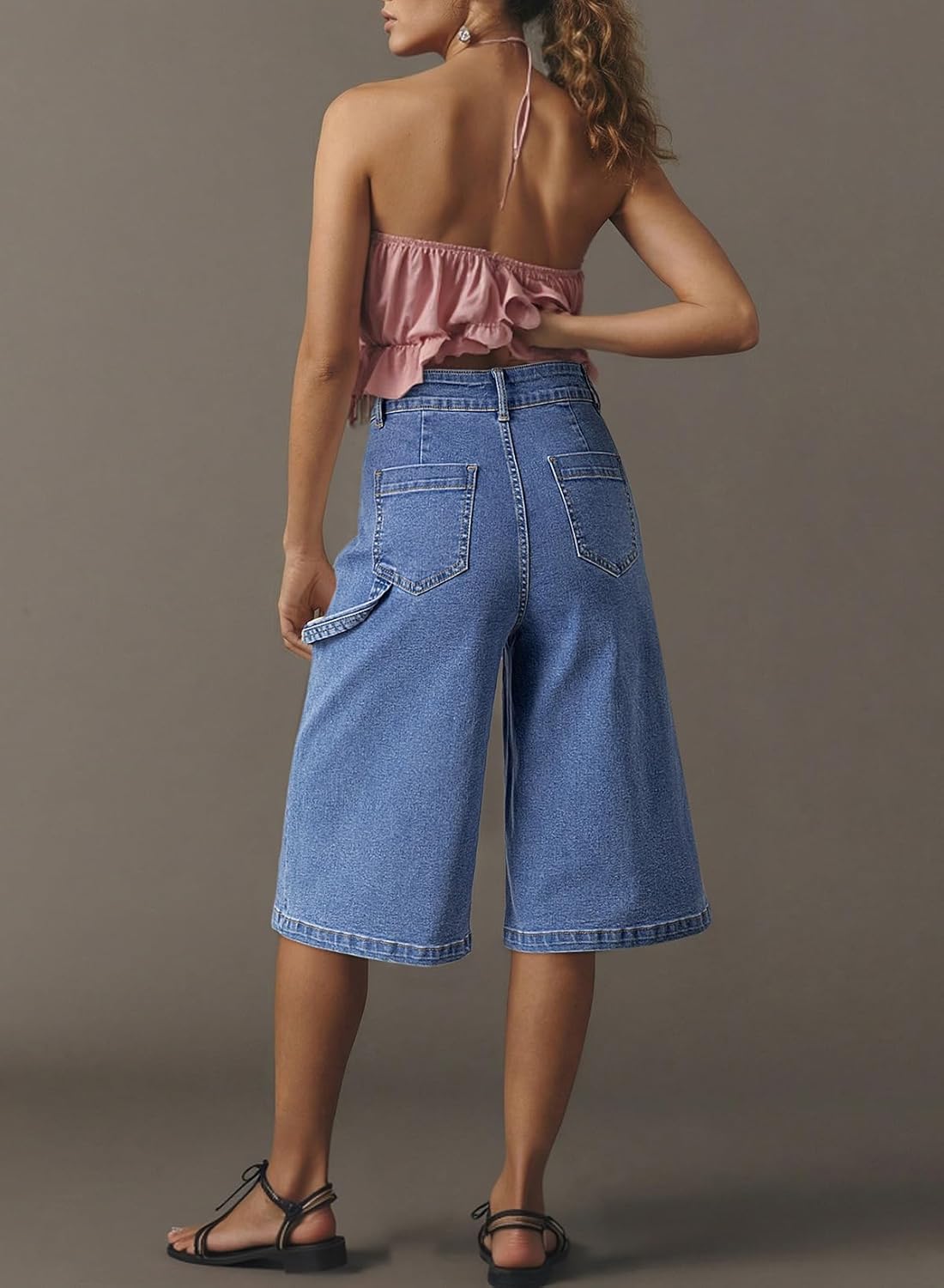 Dokotoo Womens High Waisted Stretch Wide Leg Cargo Denim Shorts Casual Below The Knee Length Jean Shorts with Pockets - Image 4