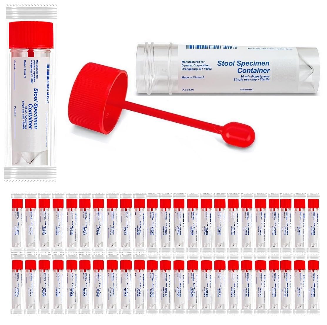 AmeriCan Goods 30ml Plastic Stool Specimen Containers Sterile with Red Spoon Lid Stool Specimen Collection Cups Laboratory Clear Wrapped Individually (50)