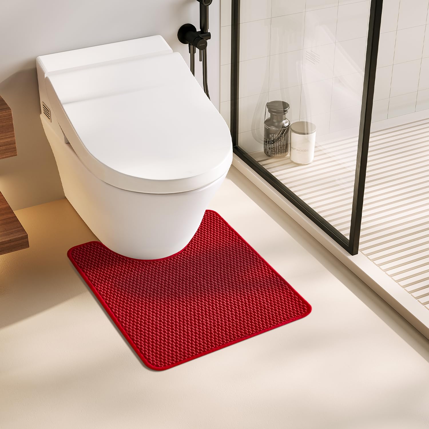 TYUU Christmas Toilet Rug, Thin Toilet Rugs U Shaped Washable Non Slip Absorbent Quick Dry Low Pile Toilet Mat, Red 20"x24" U Shape
