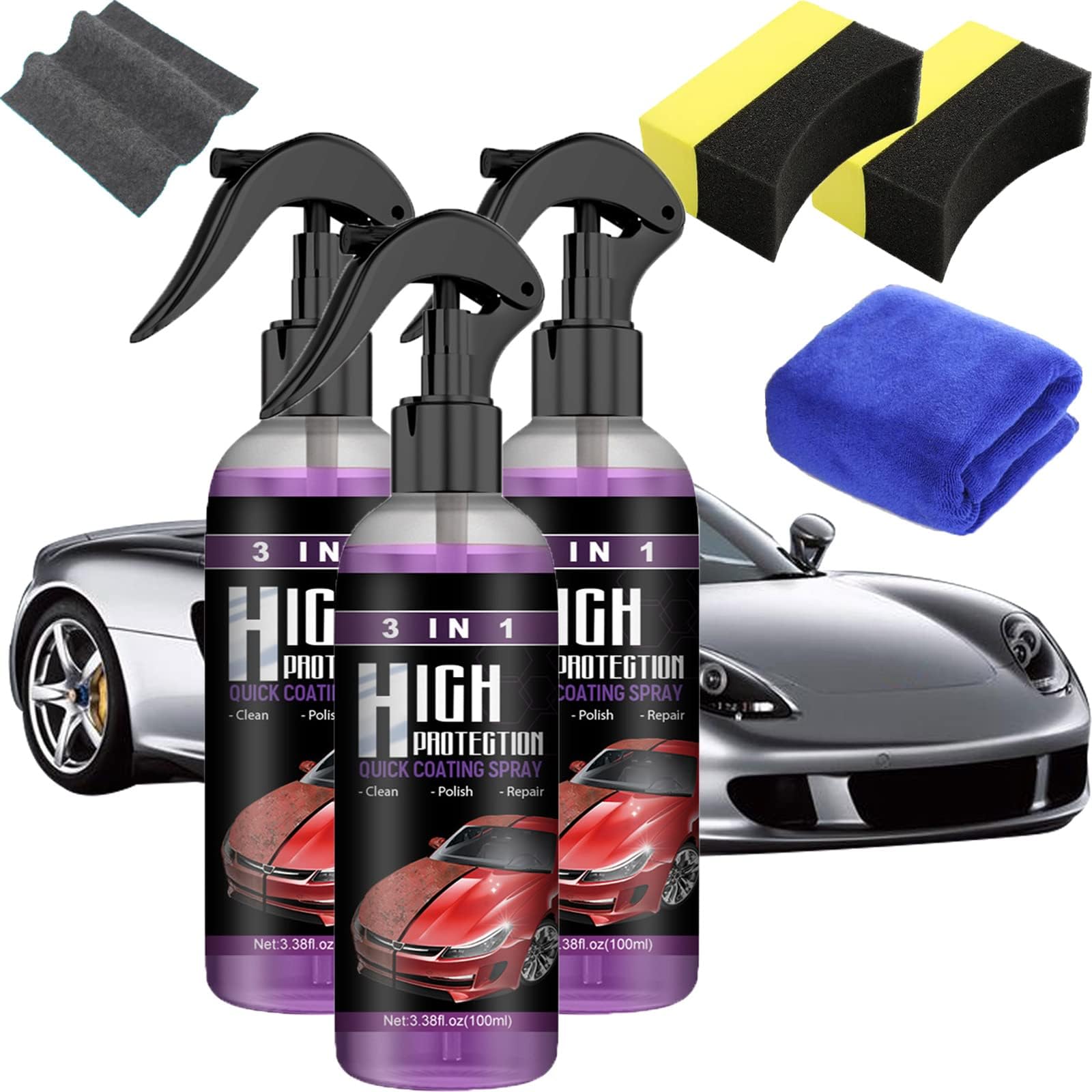 TYGHBN Ottostuart Car Coating Agent, 3 in 1 High Protection Quick Car Coating Spray, Nano Car Scratch Repair Spray, 3 in 1 Ceramic Car Coating Spray, Nano Coating Spray for Cars (3PCS,100ML)