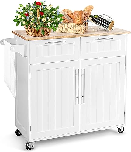 Harmony-Furniture - Isla de cocina con ruedas con cajones y armarios de almacenamiento, carrito de servicio con cerradura, carrito de cocina móvil