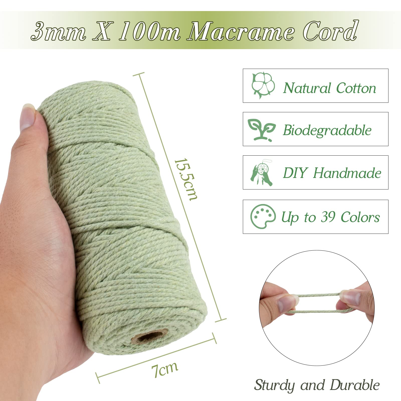 JeogYong Corda di Cotone Naturale Macrame, 4 Fili di Spesso Filato