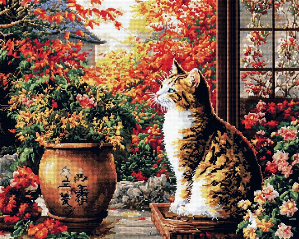 Henypt Crafts Stamped Cross Stitch Kits Preprinted Pattern Counted Embroidery Courtyard Cat Starter Kits for Beginner and Adults Stamped 11Ct Adult Craft Kits