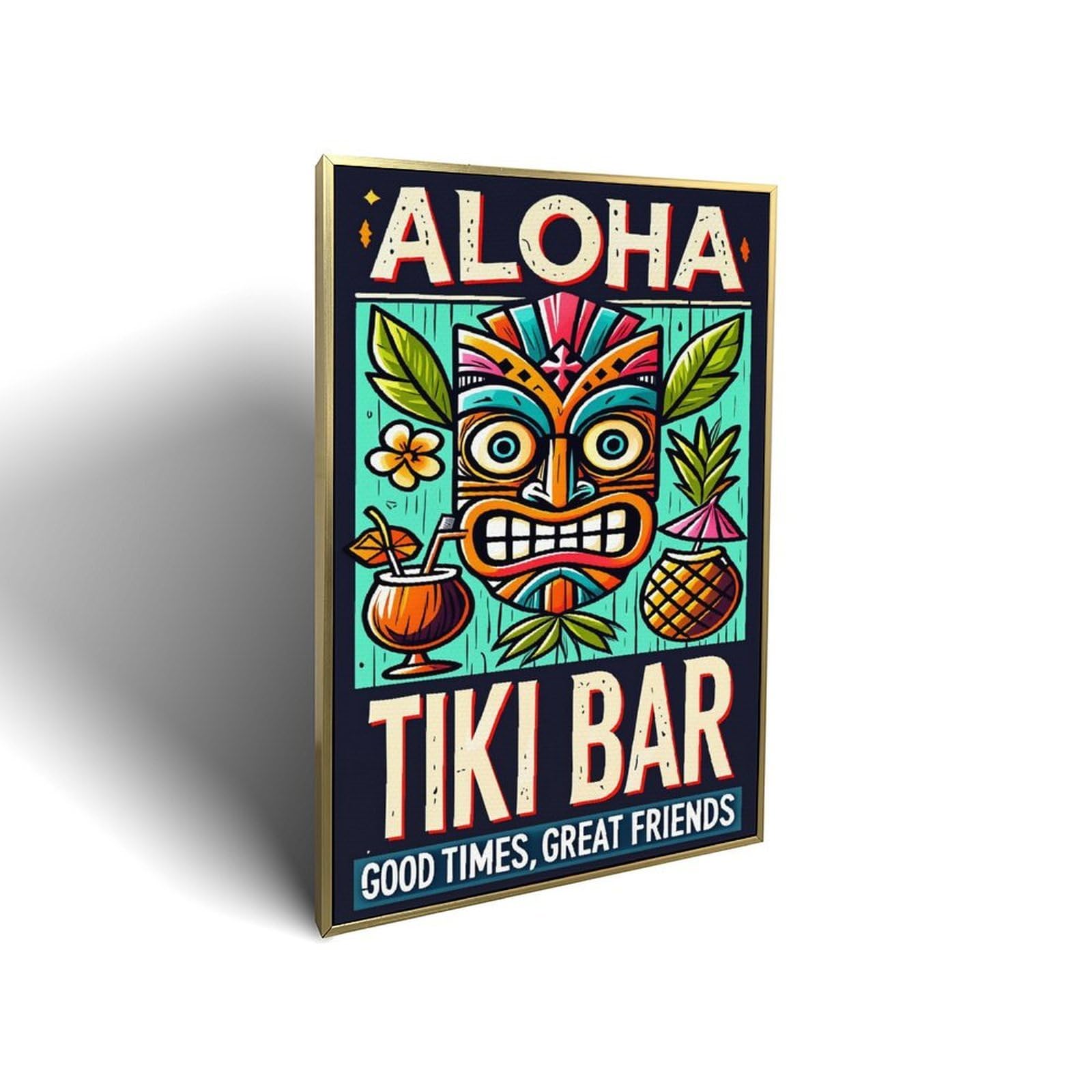 Lvalogy Golden-Style Tiki Mask Coconut Drink Palm Leaves Framed Canvas Wall Art