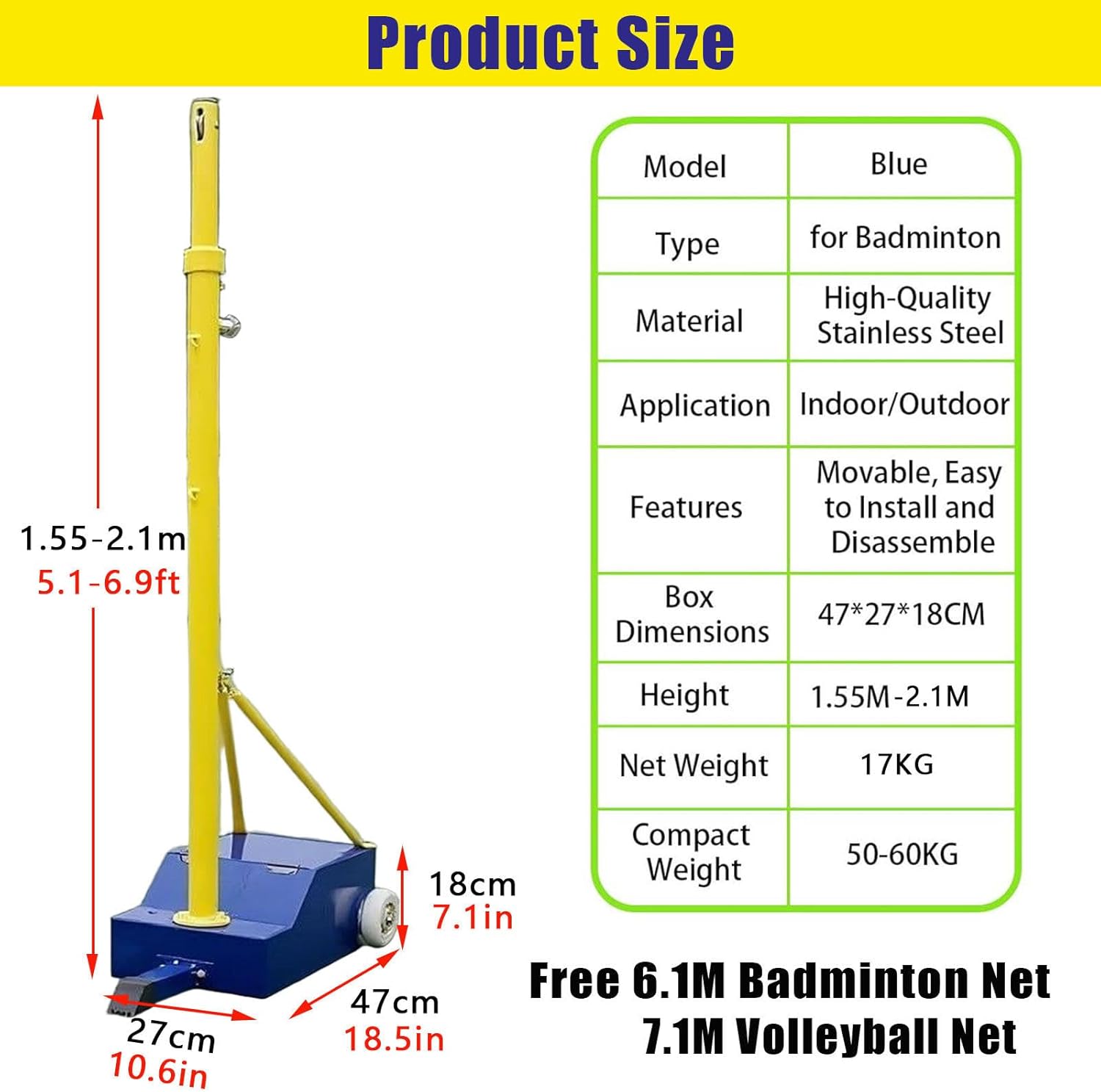 Badminton Net Frame Poles,Badminton/Volleyball Poles for Backyard,Heavy Duty Volleyball Stand with Net,5.1ft-6.9ft Adjustable Height,with Stable Base Indoor & Outdoor Use