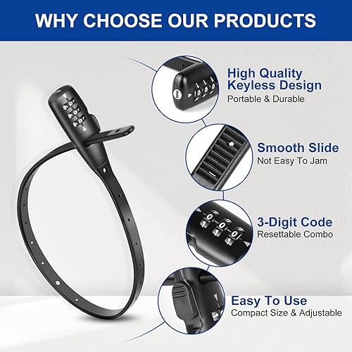 Miniatura 2 de Paquete de 2 candados de cable combinados de 3 dígitos con cierre de cremallera, ajustable y ligero para bicicletas, cascos, armarios, neveras,