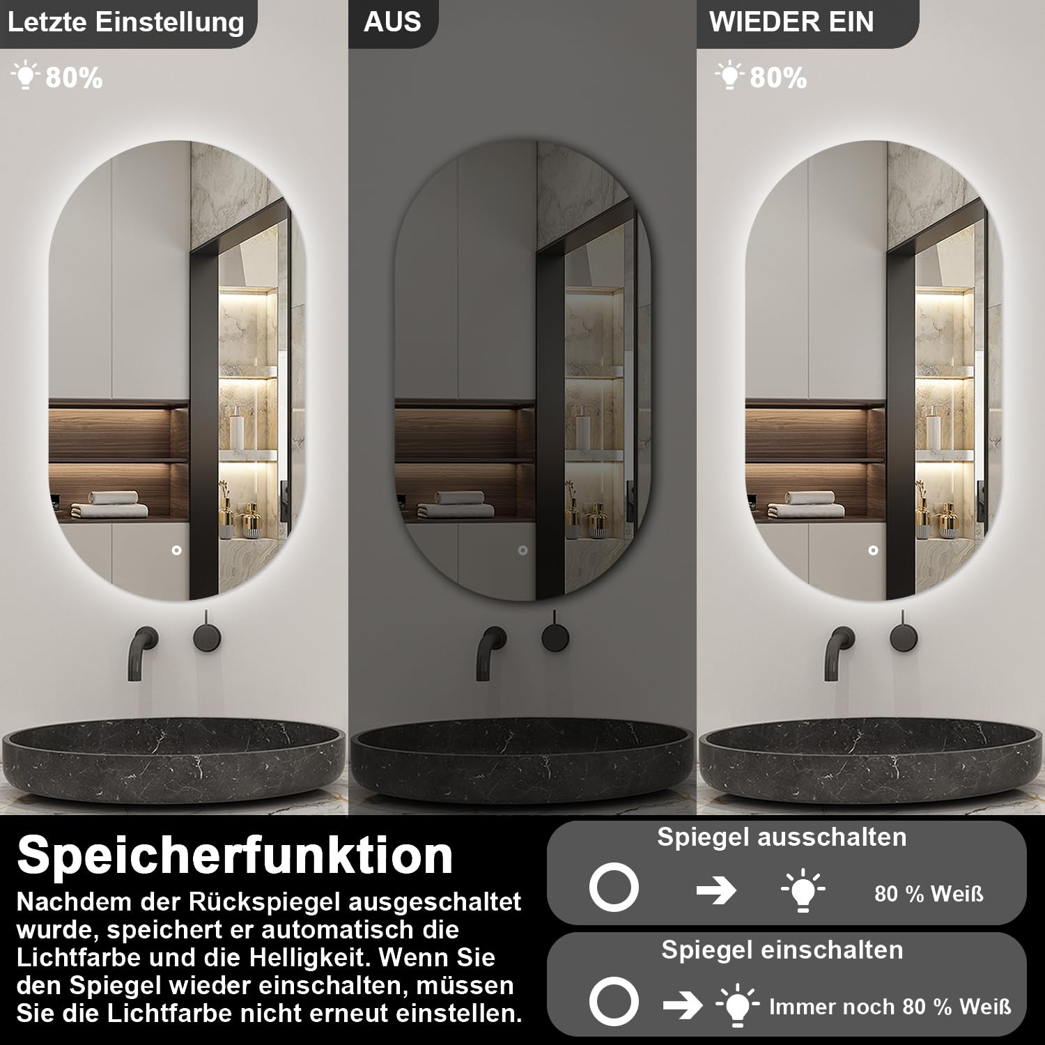 LED Badspiegel Oval 60x100cm Wand/Touchschalter Beschlagfrei Kaltweiß Dimmbar Badezimmerspiegel mit LED-Hinterleuchtung IP44