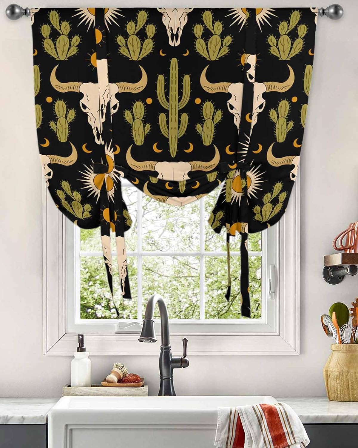 Tie Up Curtains for Windows, Western Cowboy Kitchen Curtain Adjustable Balloon Window Shades, Boho Ethnic Cow Head Cactus Vintage Valance Curtains for Living Room/Bedroom/Cafe 52"x63"