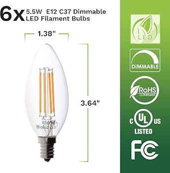 Bioluz LED 92 CRI E12 LED Candelabra Bulbs 60 Watt (5.5W) Warm White 2700K Clear LED Filamament Candle Bulb Dimmable UL Listed Title 20 6-Pack