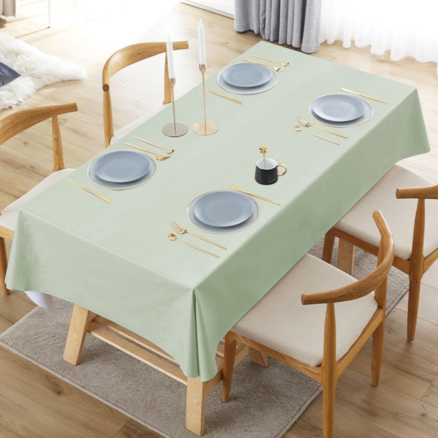 Newthinking Sage Green Pvc Table Cloth Wipe Clean Tablecloth Plastic Waterproof Table Protector, Square Wipeable Tablecloths For Kitchen Picnic Outdoor Indoor - 54X54in/137X137cm