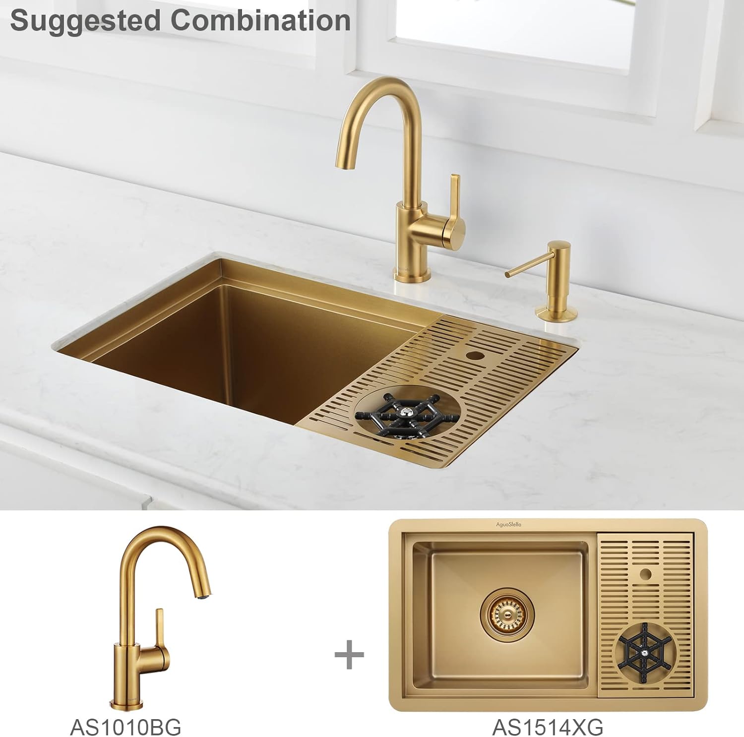 AguaStella AS59BG Brushed Gold Brightly Bar Faucet or Prep Kitchen Sink Faucet with Pull Down Sprayer and Single Handle