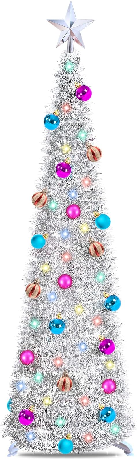 [ Dual Color Switch & Timer ] 5Ft Prelit Pop Up Christmas Tree,Tinsel Pencil Christmas Tree with 50 Warm White & Multi Color Change Lights 25 Balls Ornaments 3D Star Sequins Full Xmas Decorations Home