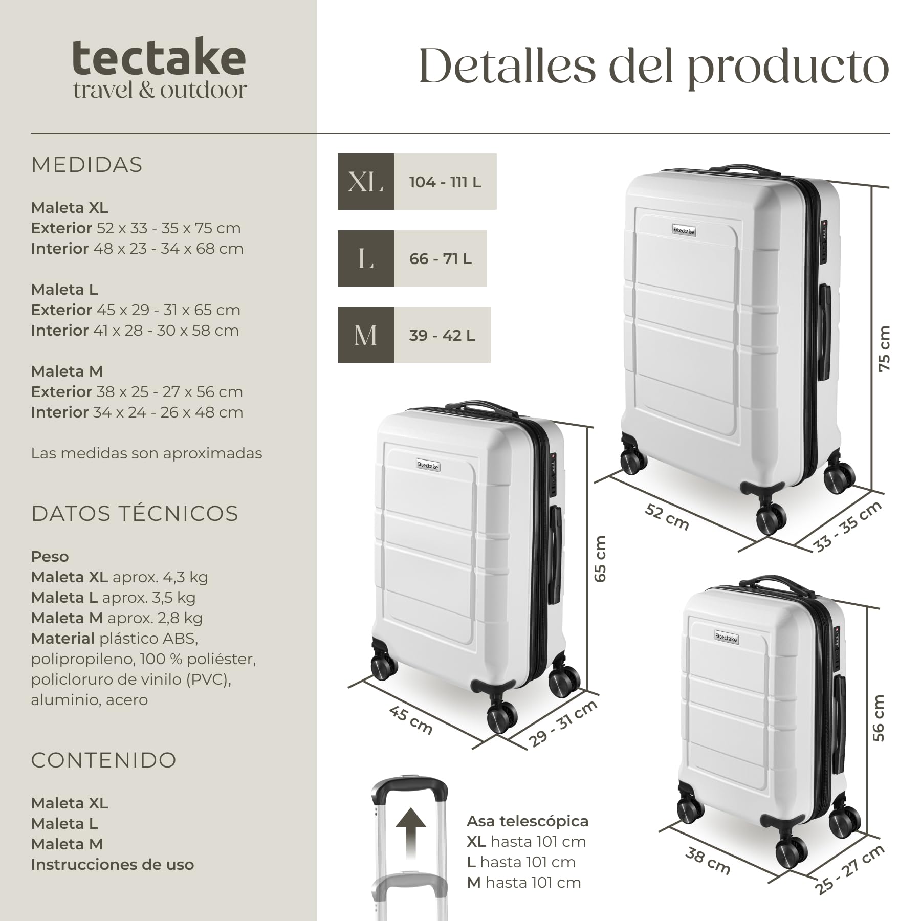 tectake® Juego de Maletas Apilables, 3 Piezas, Plástico ABS Resistente, Maletas de Viaje con Ruedas Giratorias 360°, Maleta Cabina, Maleta Mediana, Maleta Grande, TSA - Blanco