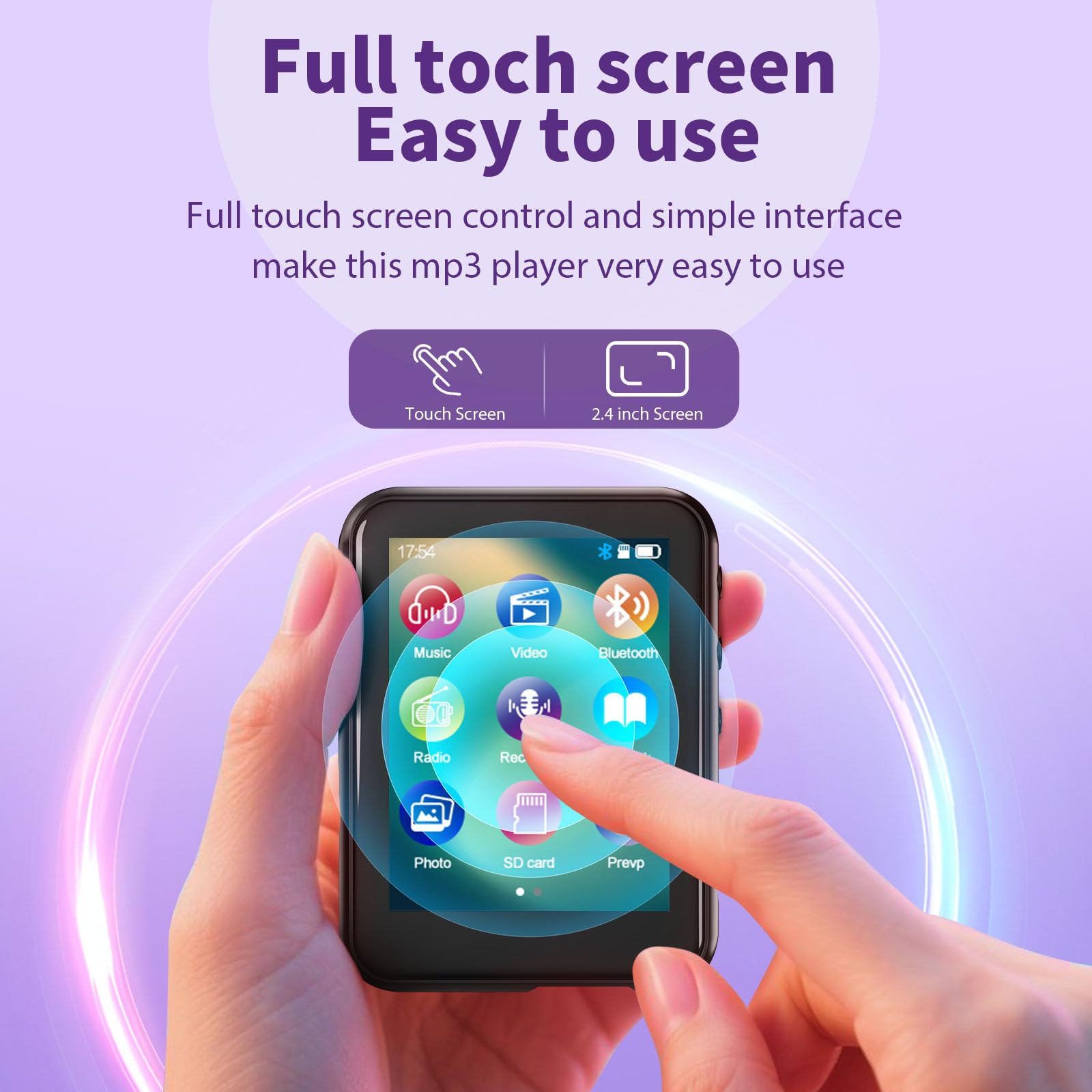 Reproductor MP3 de 32 GB con Bluetooth 5.3, pantalla táctil de 2,4 pulgadas, radio FM, grabación de voz, sonido Hi-Fi, función de libro electrónico, ampliación de memoria de hasta 512 GB