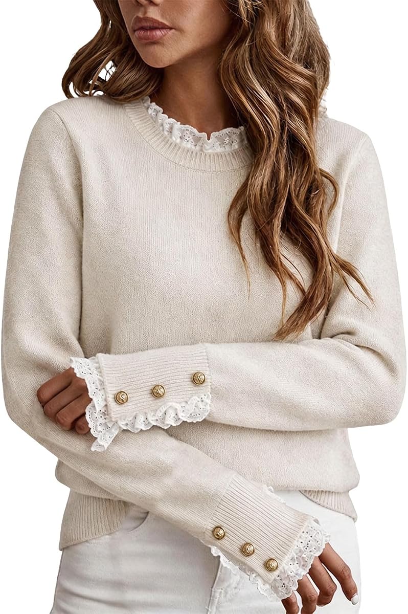 Suéteres de otoño invierno para mujer con cuello redondo y encaje