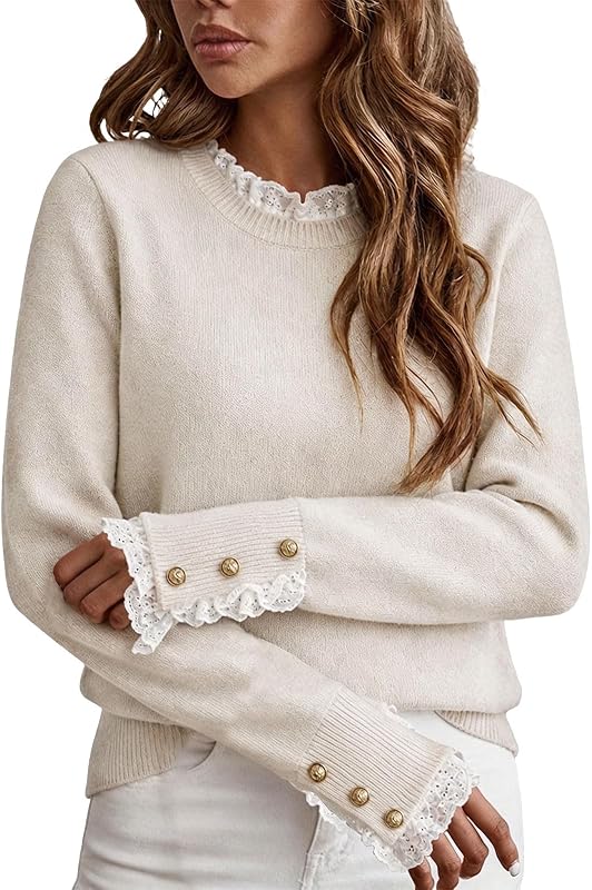 Suéteres de otoño invierno para mujer con cuello redondo y encaje