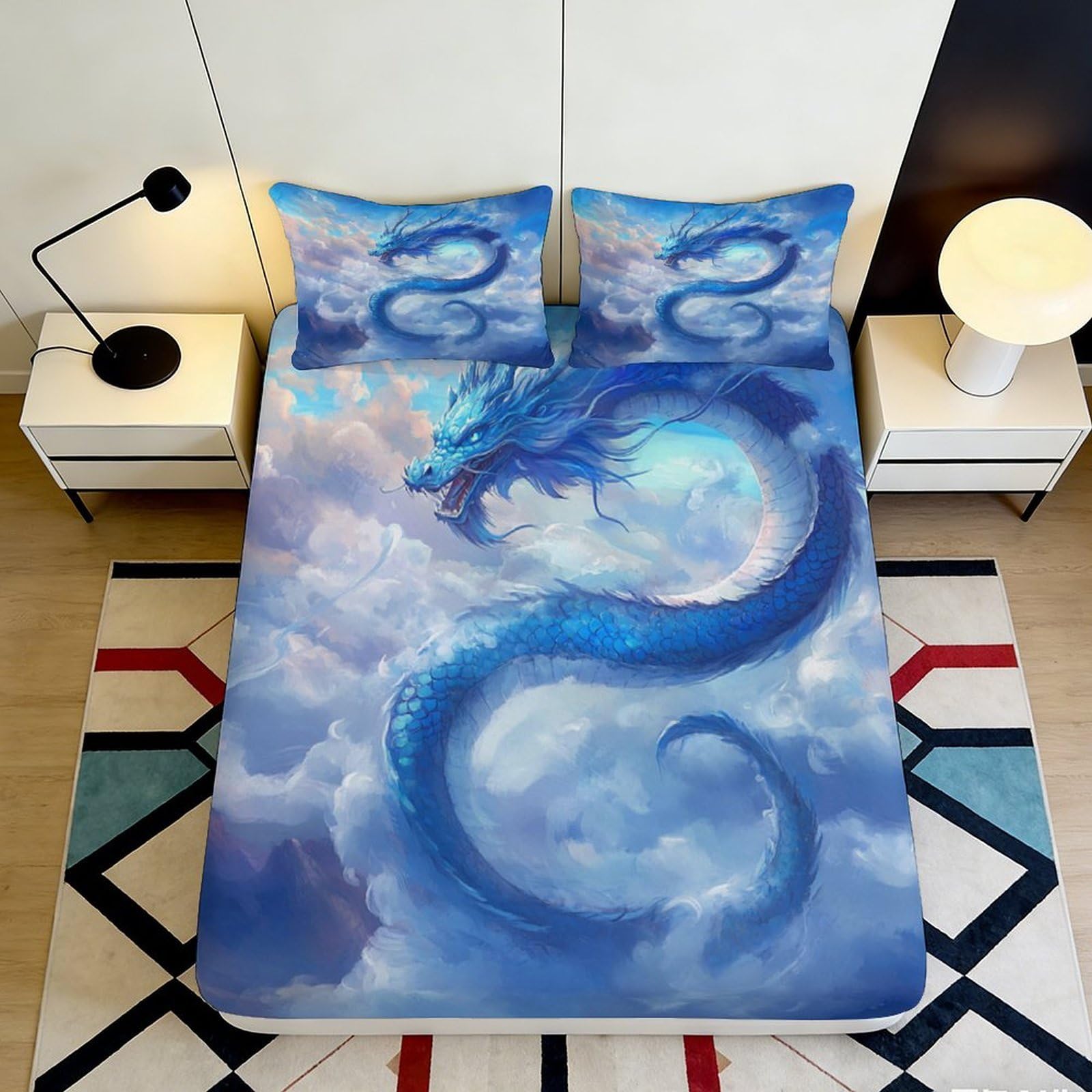 Pnayamiorkfel Style-6 3D Printed Blue Dragon Fitted Sheet Microfiber Soft Anti-Slip Cloud Sky Bed Sheet For Bedroom Guest Room Decor 90X200x25cm