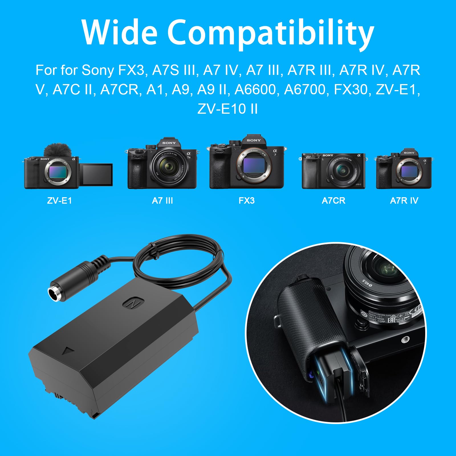 NP-FZ100 - Adattatore di alimentazione a batteria fittizio per Sony FX3/A7S III/A7 IV/A7R V/A1/A9 II/FX30/A6700/ZV-E1/ZV-E10 II - Alimentatore di rete continua per studio live streaming e scatti a